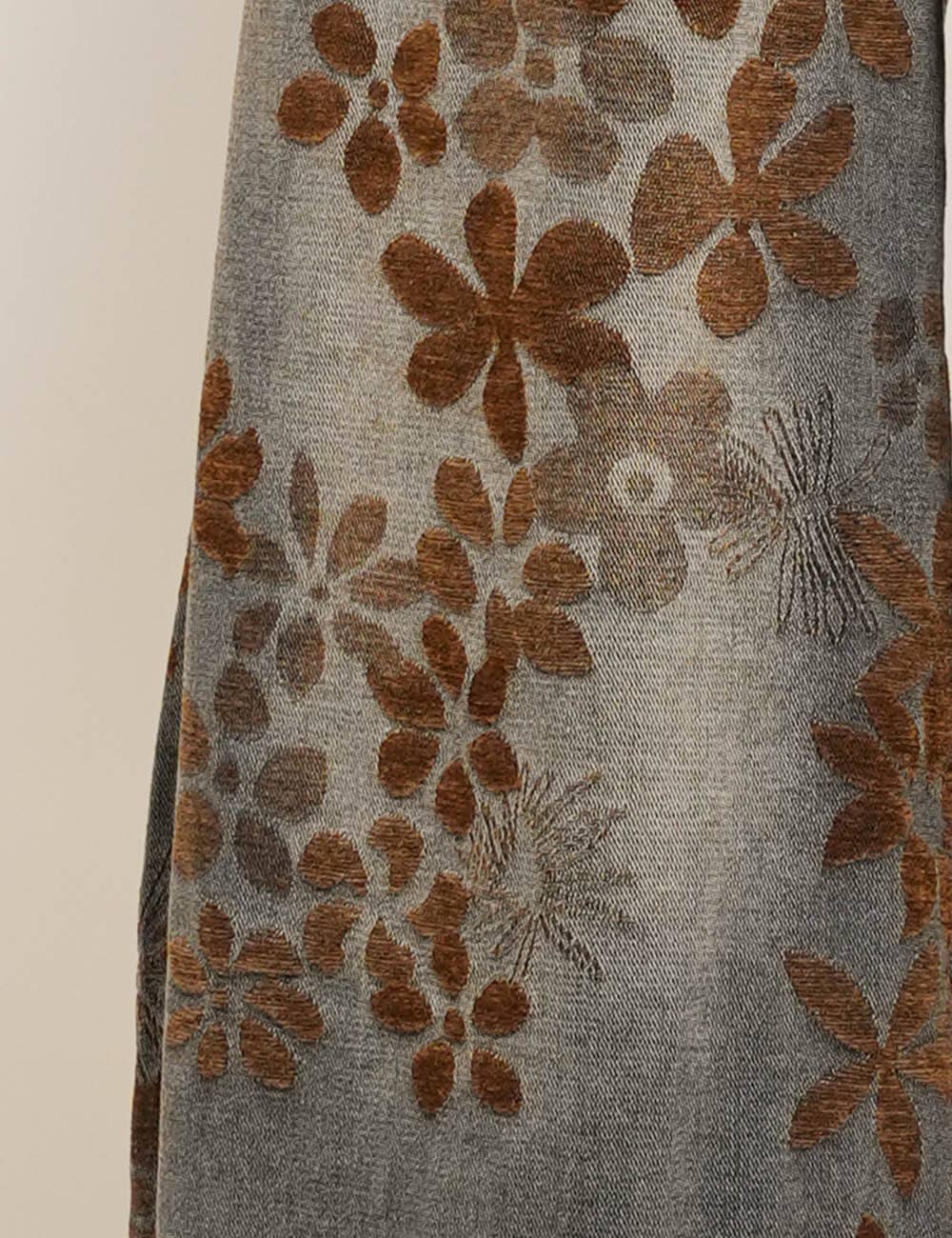 Ladies Floral Print Fleece Lined Wide Leg Denim Pants: Light Blue
