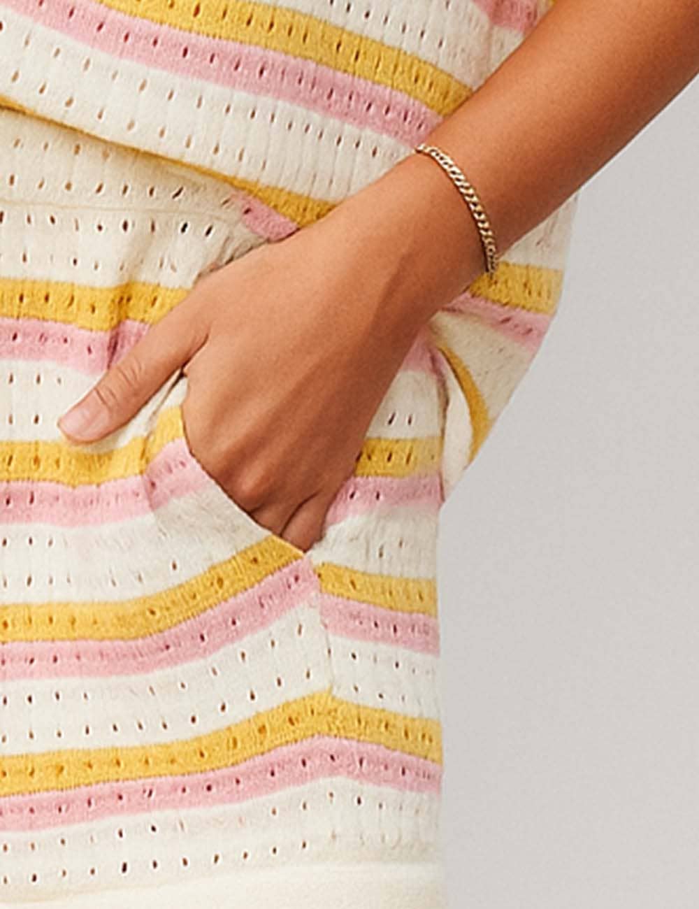 Ladies Stripe Color Block Knit Top & Shorts Set: Orange/Pink