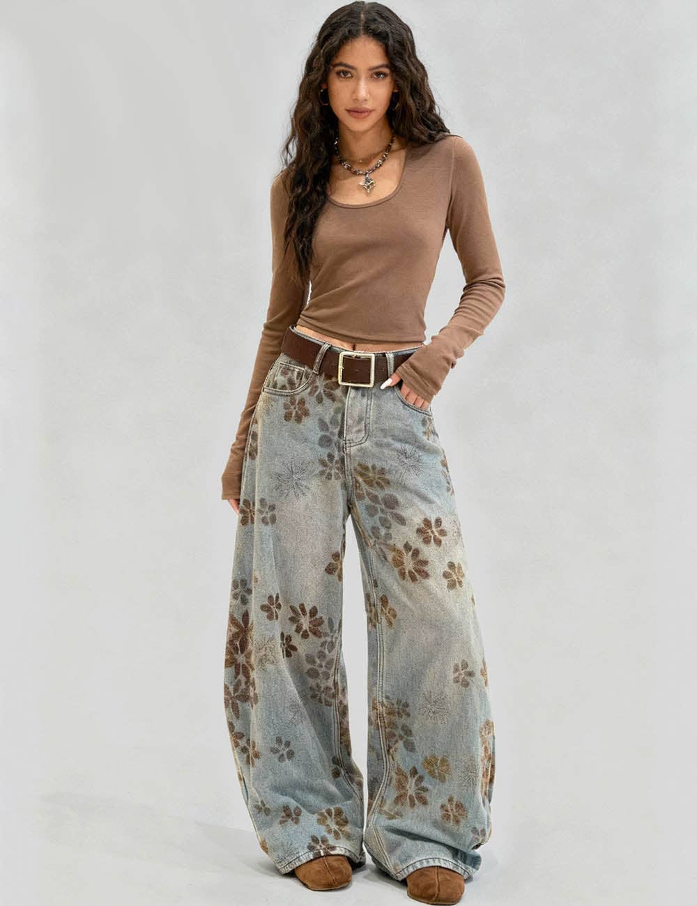 Ladies Floral Print Fleece Lined Wide Leg Denim Pants: Light Blue