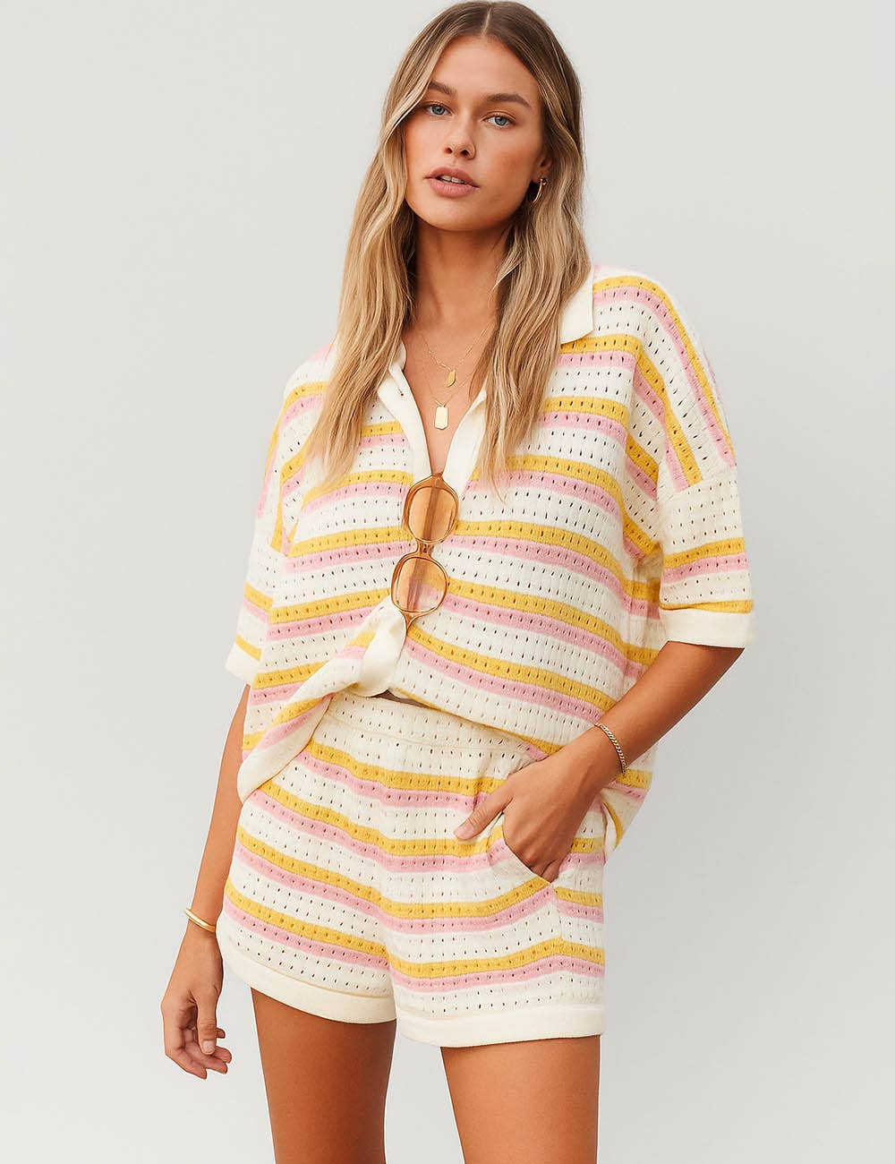 Ladies Stripe Color Block Knit Top & Shorts Set: Orange/Pink