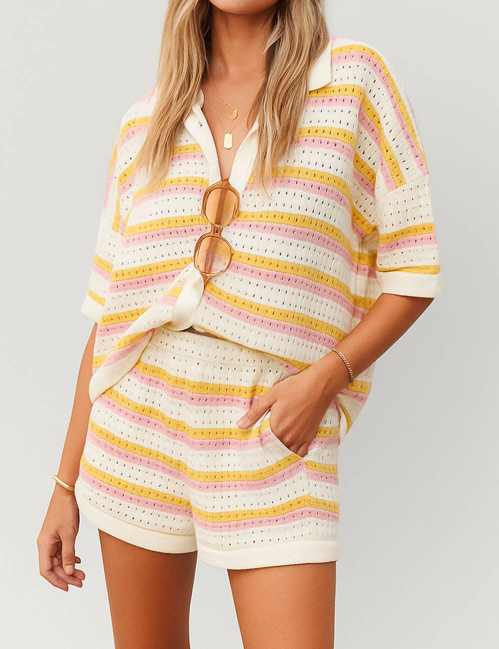 Ladies Stripe Color Block Knit Top & Shorts Set: Orange/Pink