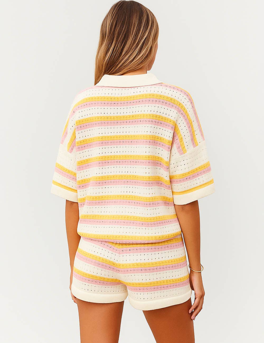 Ladies Stripe Color Block Knit Top & Shorts Set: Orange/Pink