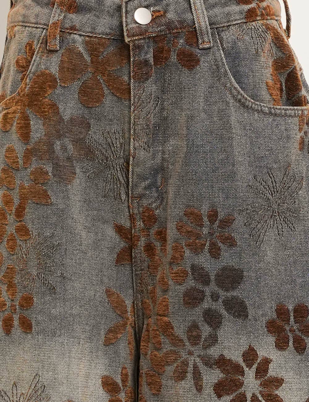 Ladies Floral Print Fleece Lined Wide Leg Denim Pants: Light Blue