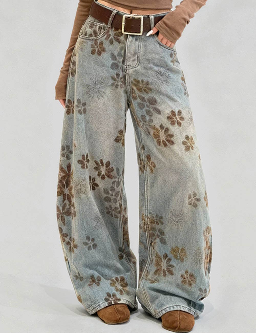 Ladies Floral Print Fleece Lined Wide Leg Denim Pants: Light Blue