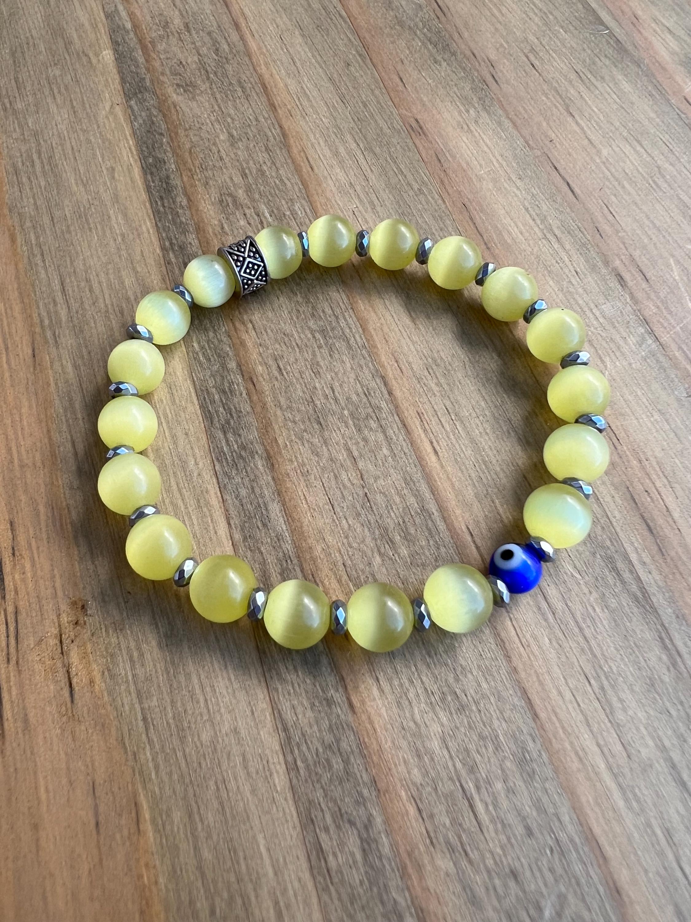 Yellow Cats Eye + Evil Eye Crystal Bracelet