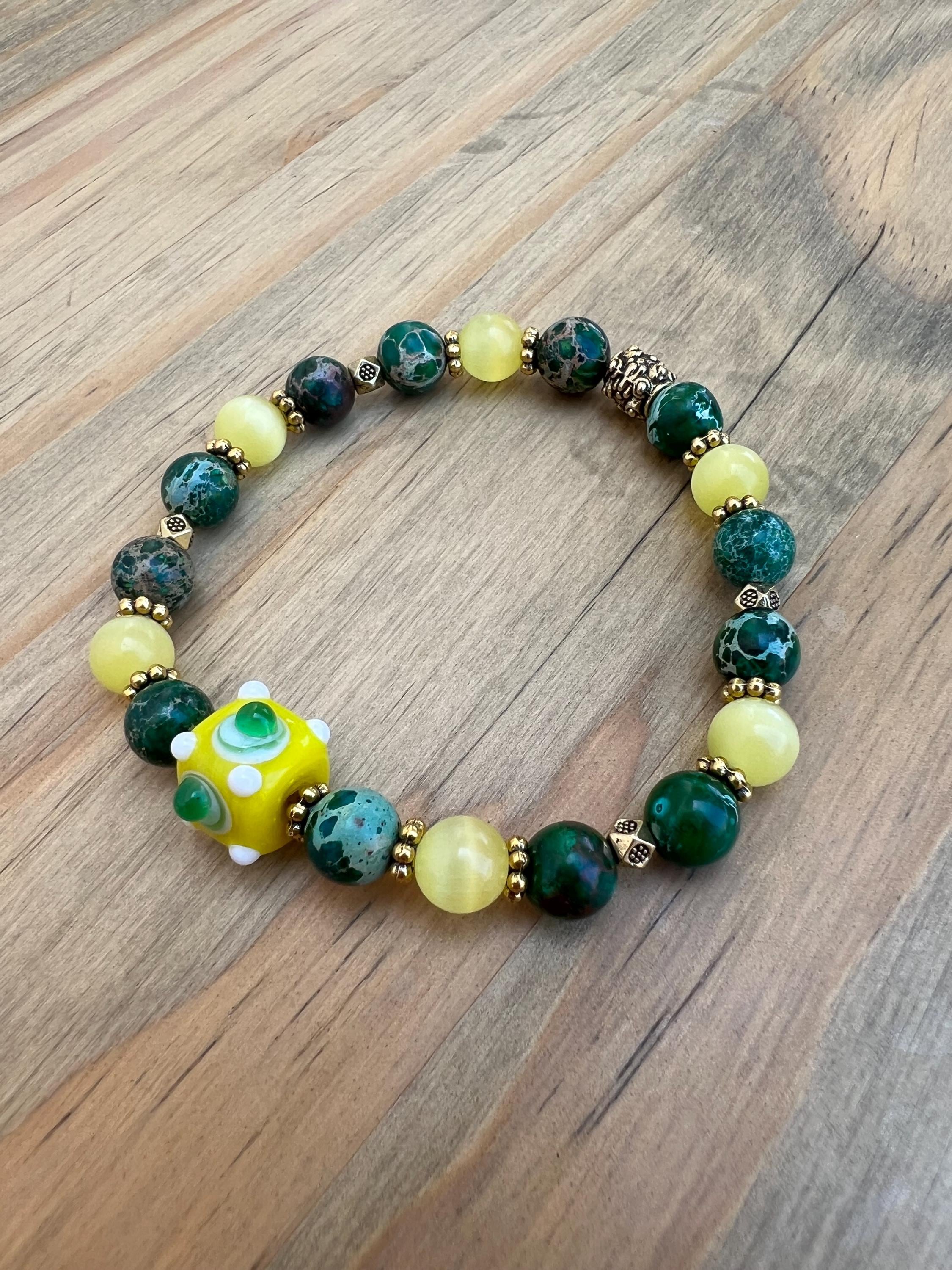 Galactic Green Imperial Jasper + Yellow Cats Eye Crystal Bracelet