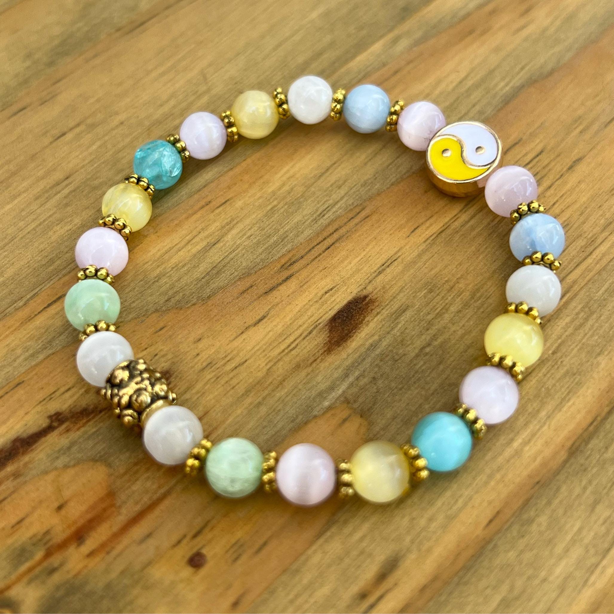Multicolored Cats Eye + Yellow Yin Yang Crystal Bracelet