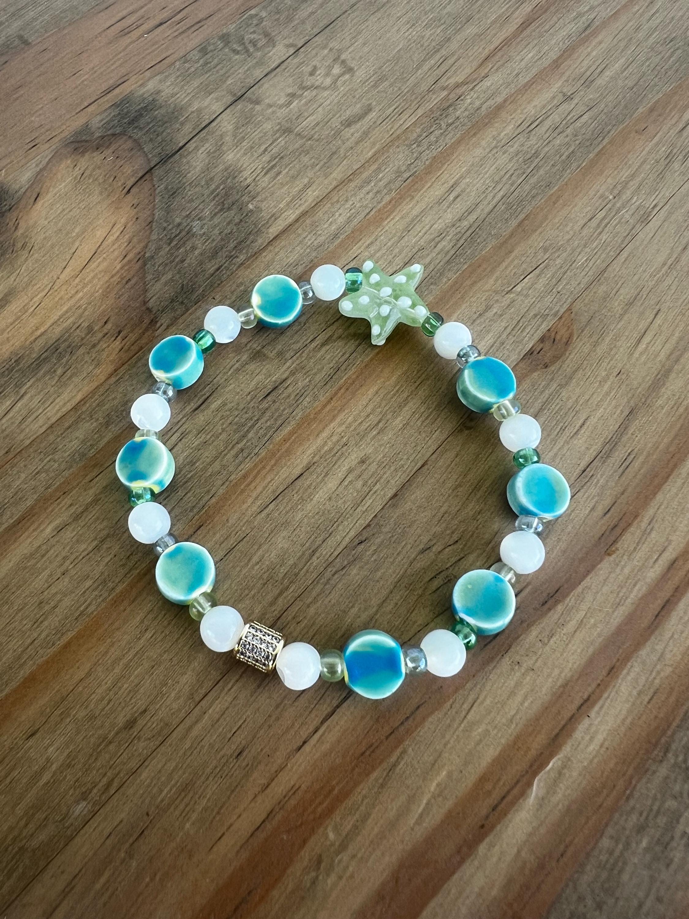 Starfish Blue Green Mother Of Pearl Crystal Bracelet