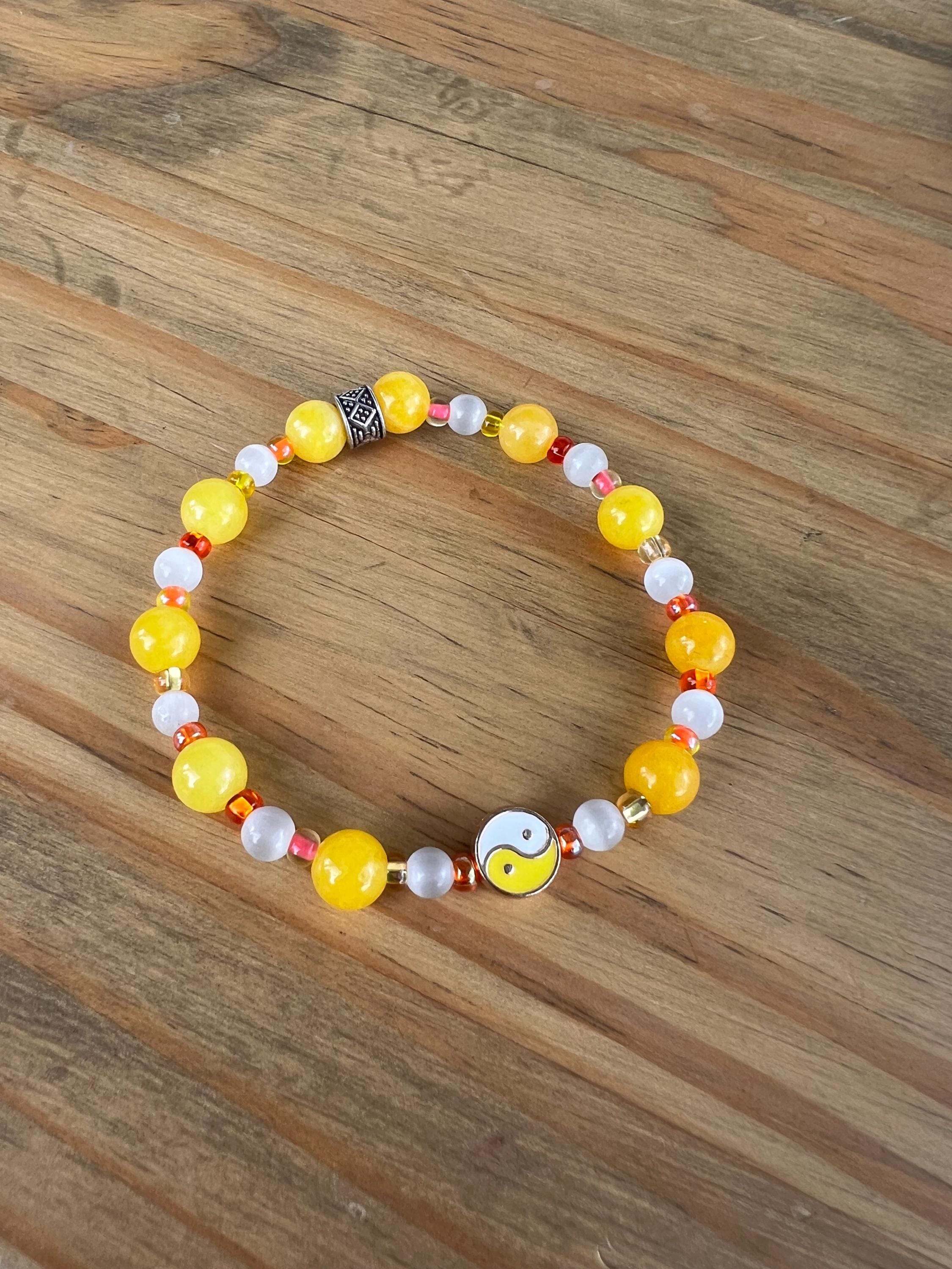 Dyed Yellow Jade + Cats Eye Yin Yang Crystal Bracelet