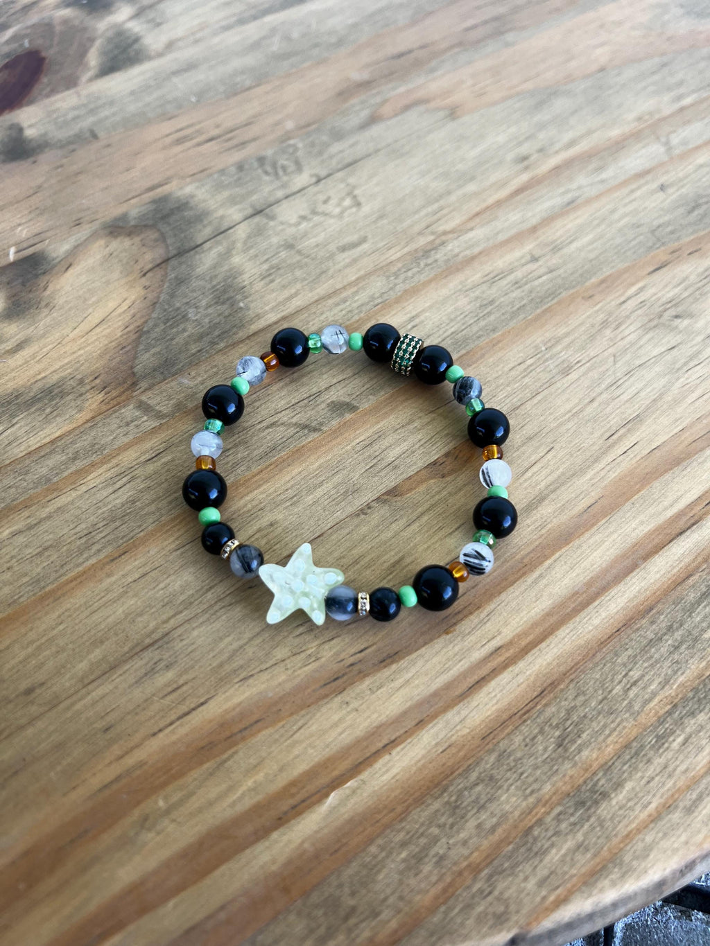 Tourmalated Quartz + Black Onyx Starfish Crystal Bracelet