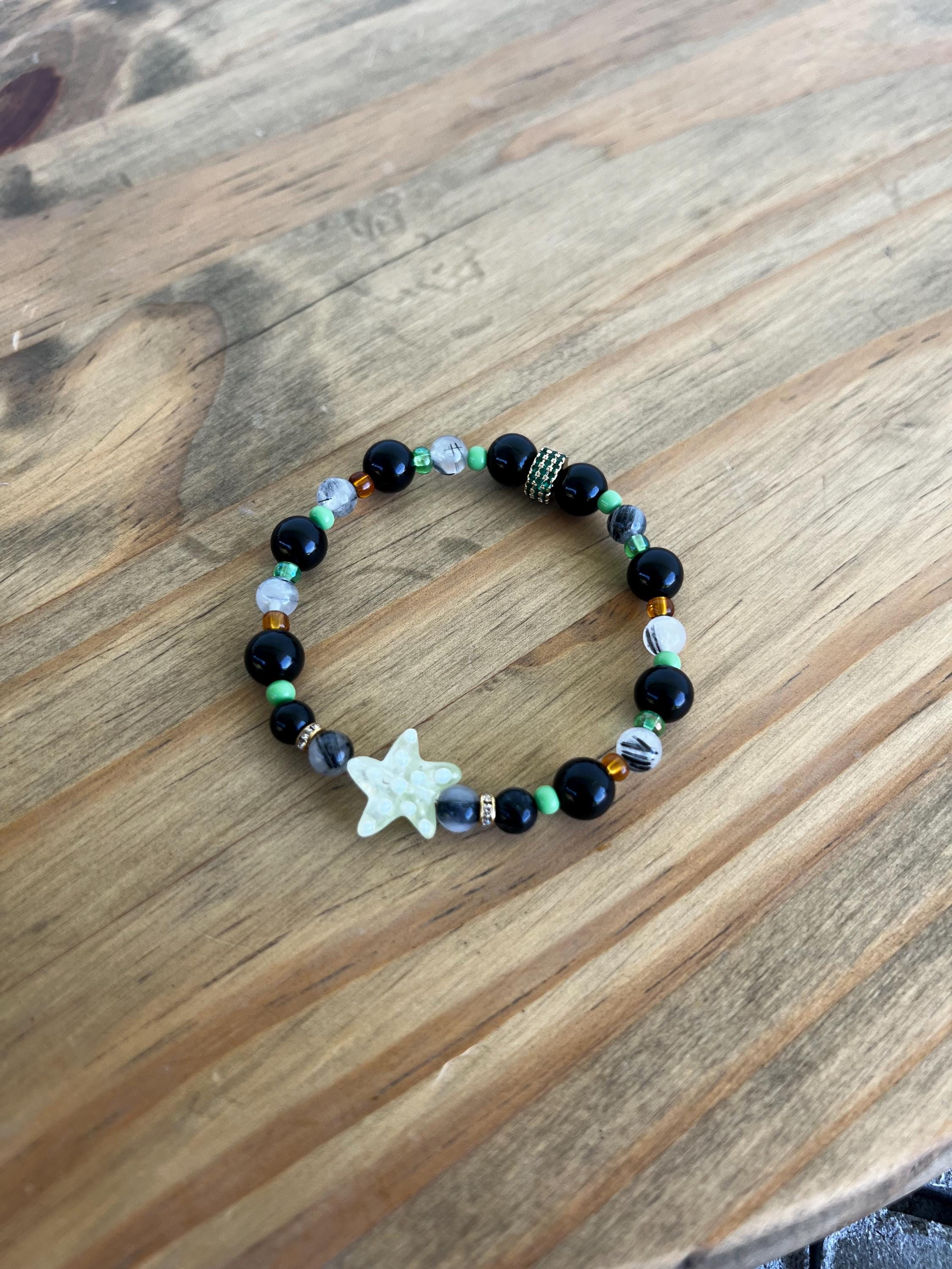 Tourmalated Quartz + Black Onyx Starfish Crystal Bracelet