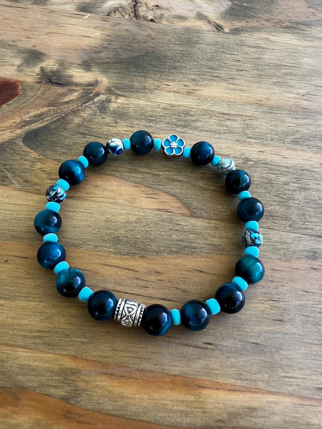 Blue Imperial Jasper + Mystic Blue Tigers Eye + Dyed Blue Jade Flower Crystal Bracelet