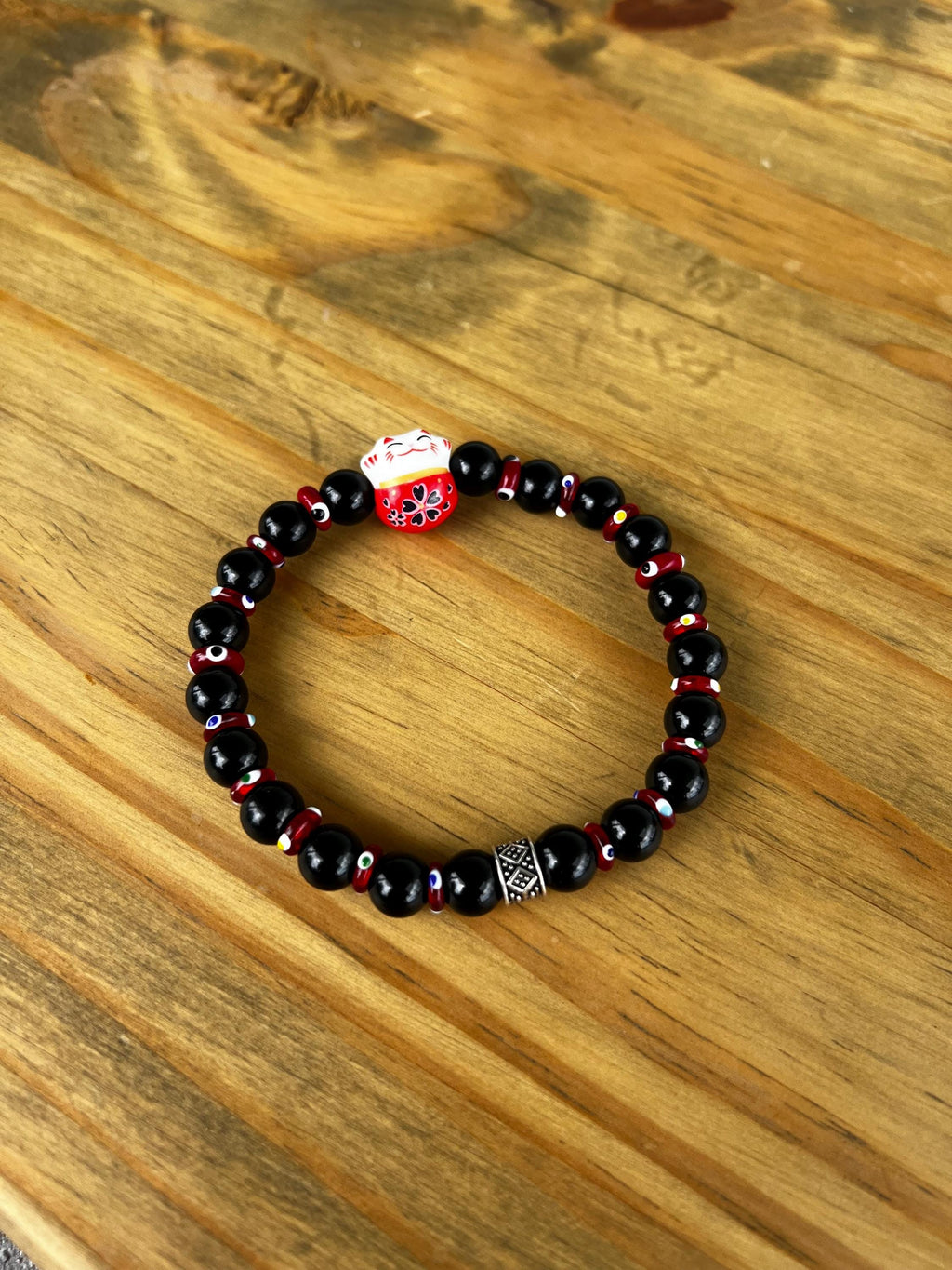 Black Onyx + Red Lucky Cat Evil Eye Bracelet