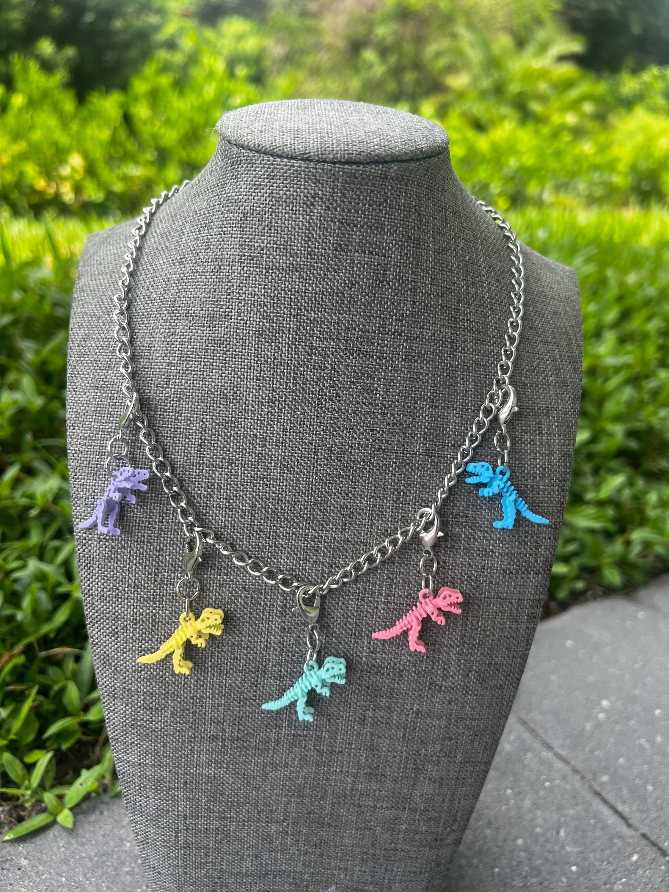 Stainless Steel Multicolored Dino Chain Charm Necklace