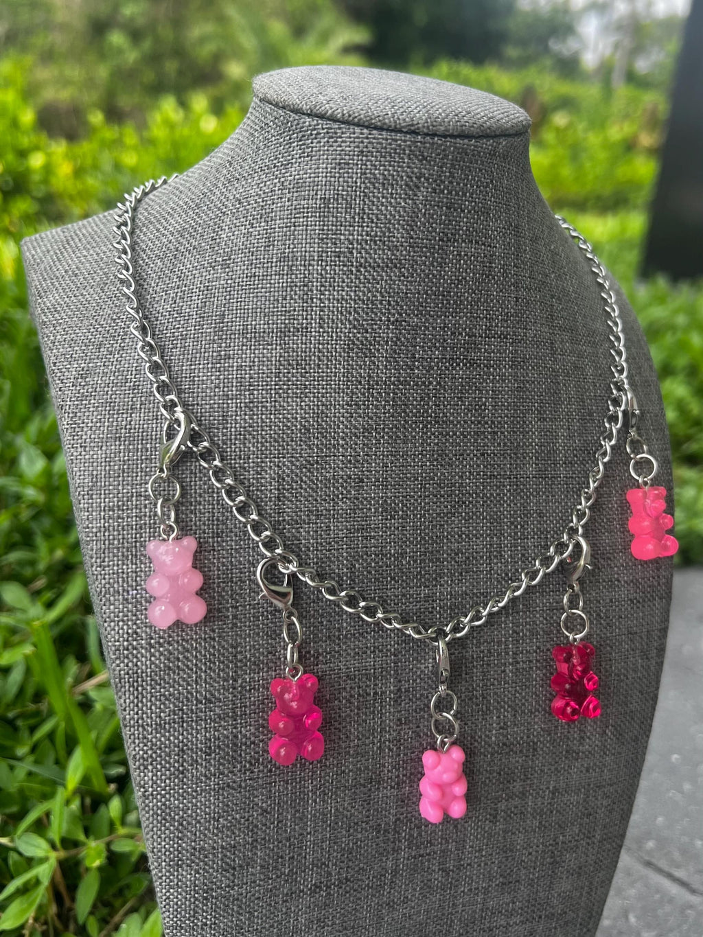 Stainless Steel Pink Gummy Bear Chain Charm Necklace
