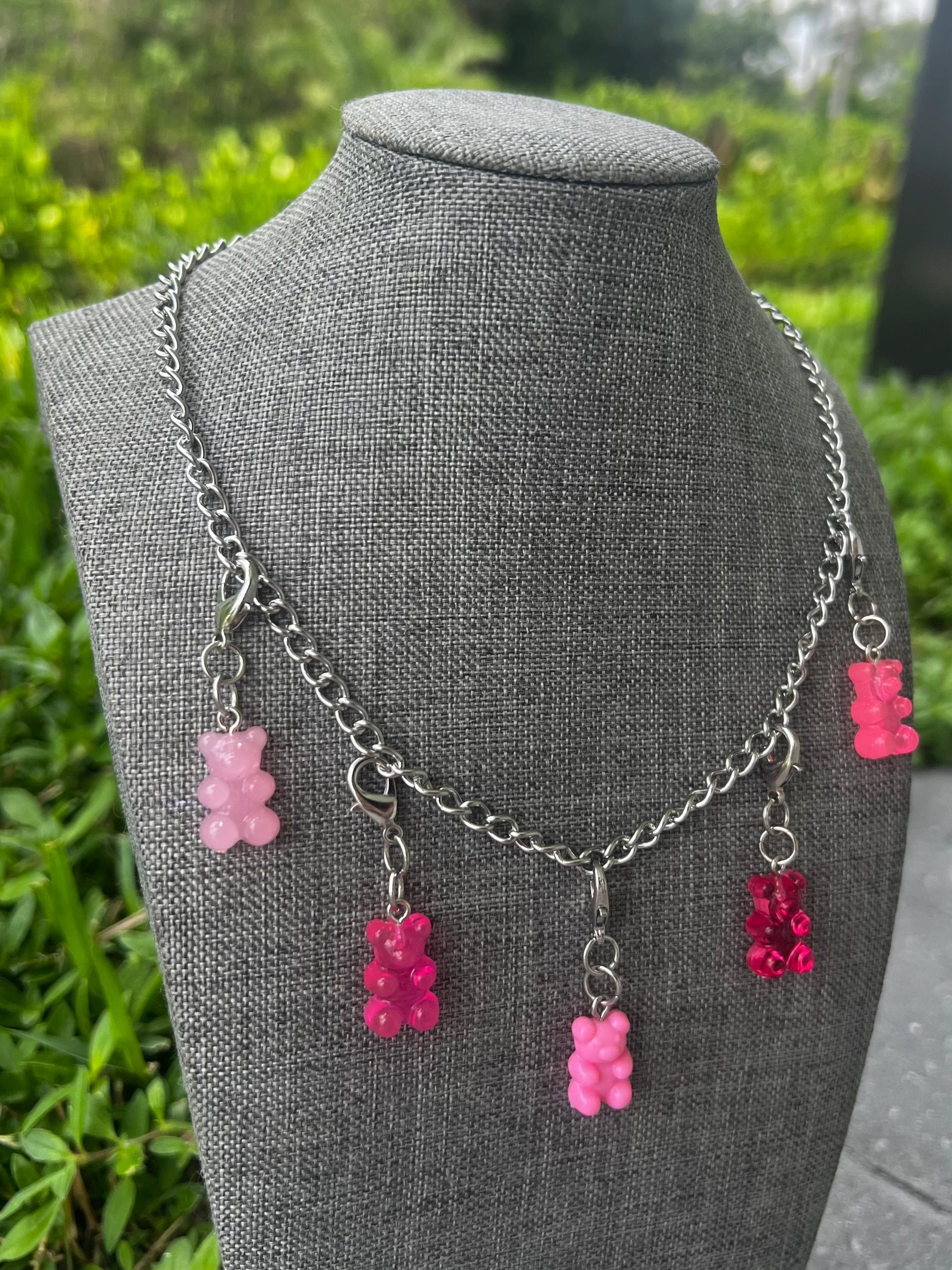 Stainless Steel Pink Gummy Bear Chain Charm Necklace