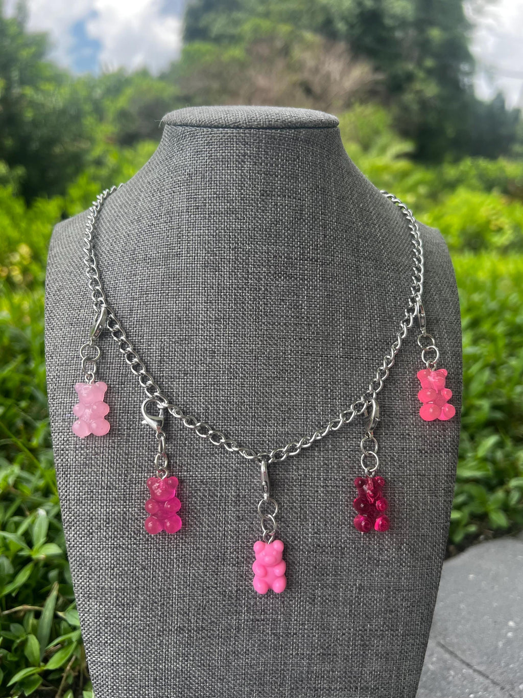 Stainless Steel Pink Gummy Bear Chain Charm Necklace