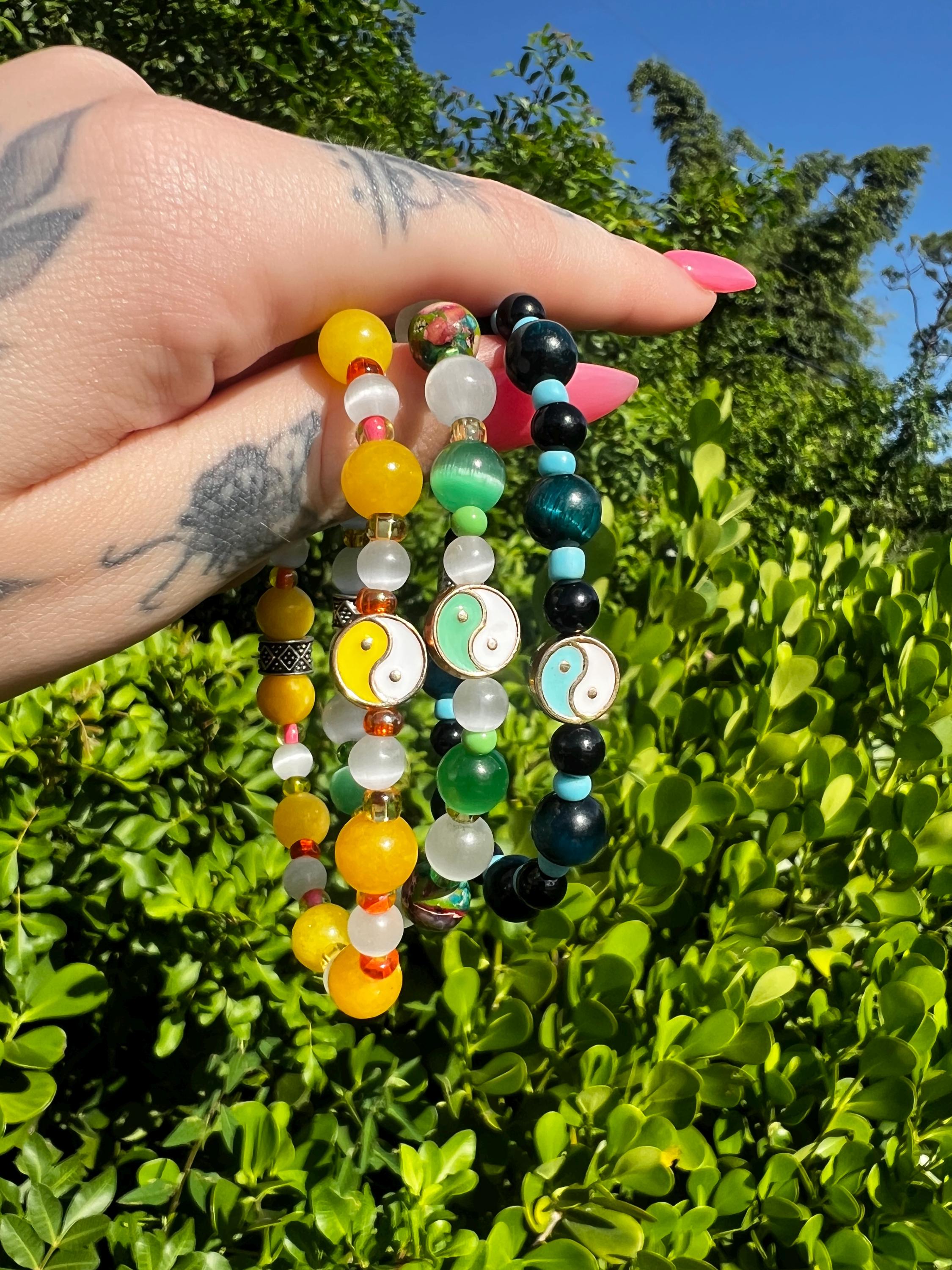 Dyed Yellow Jade + Cats Eye Yin Yang Crystal Bracelet