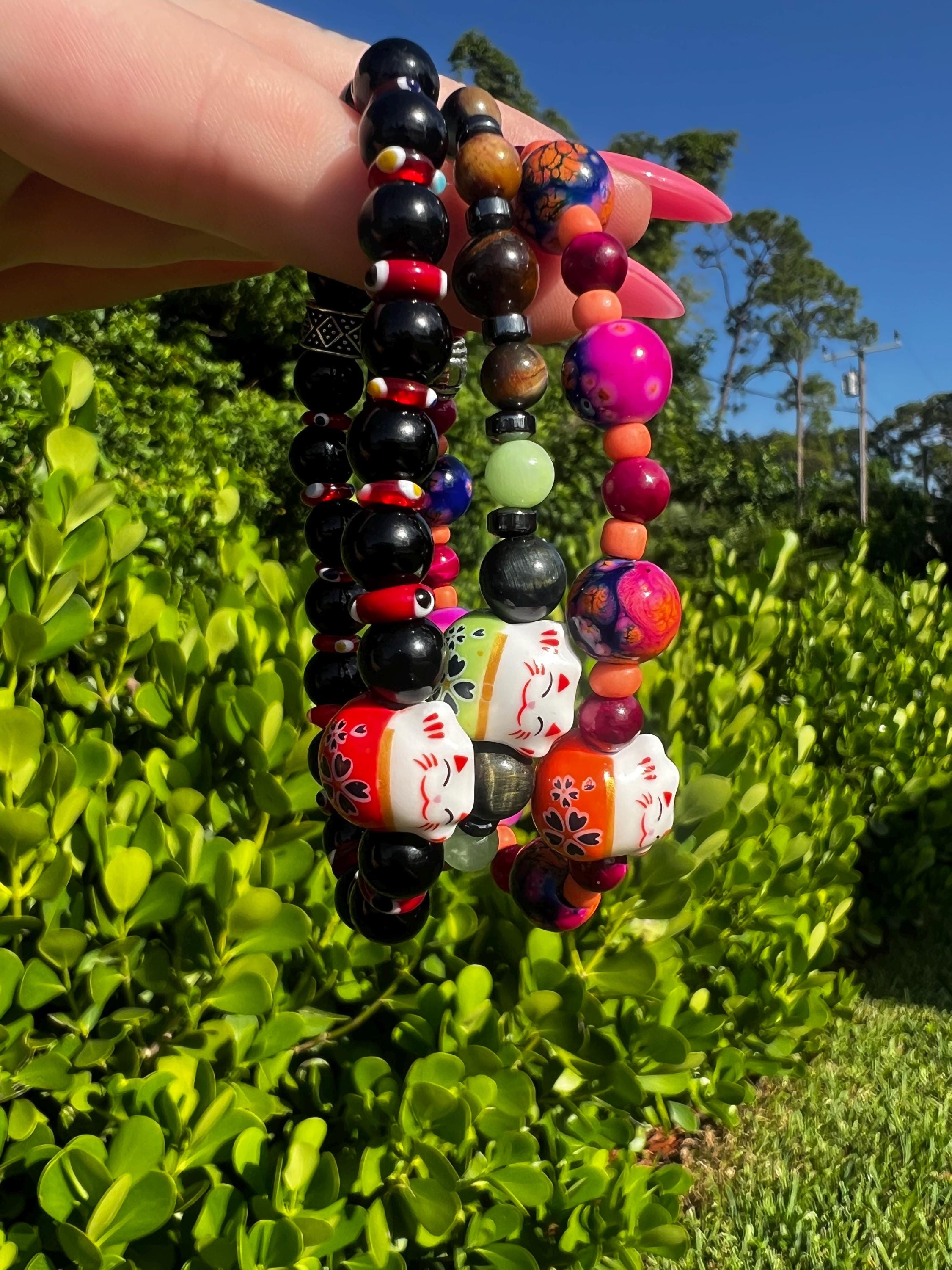 Lucky Cat Galaxy Tigers Eye + Green Cat Eye Crystal Bracelet