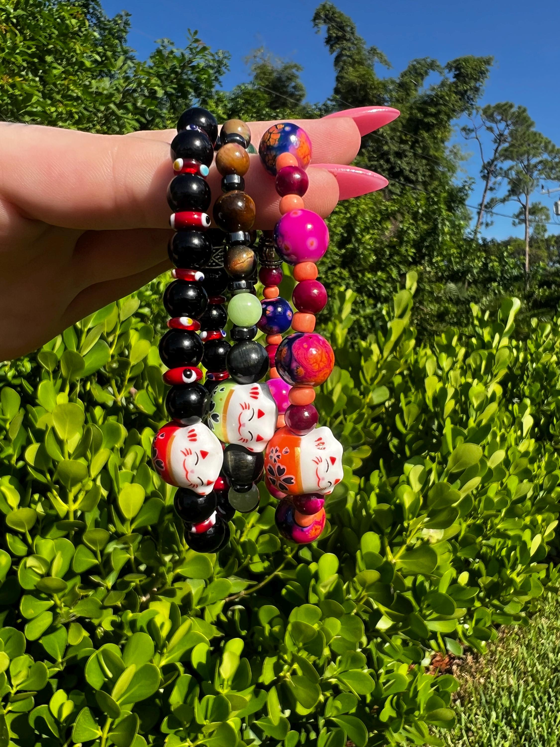 Black Onyx + Red Lucky Cat Evil Eye Bracelet