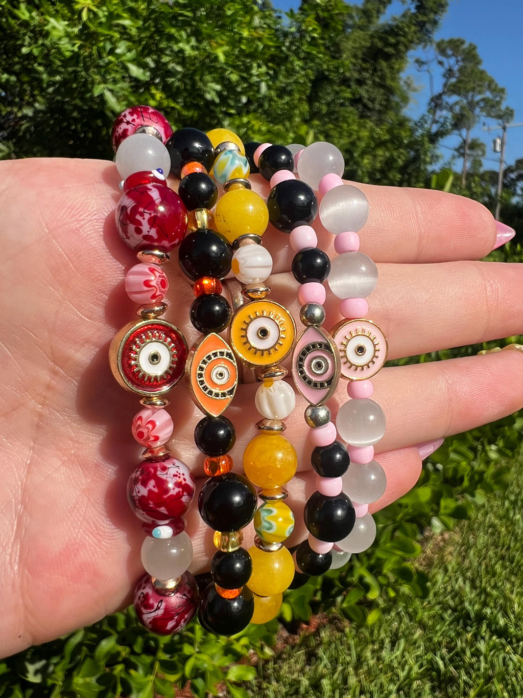 Pink Cat Eye Evil Eye Crystal Bracelet