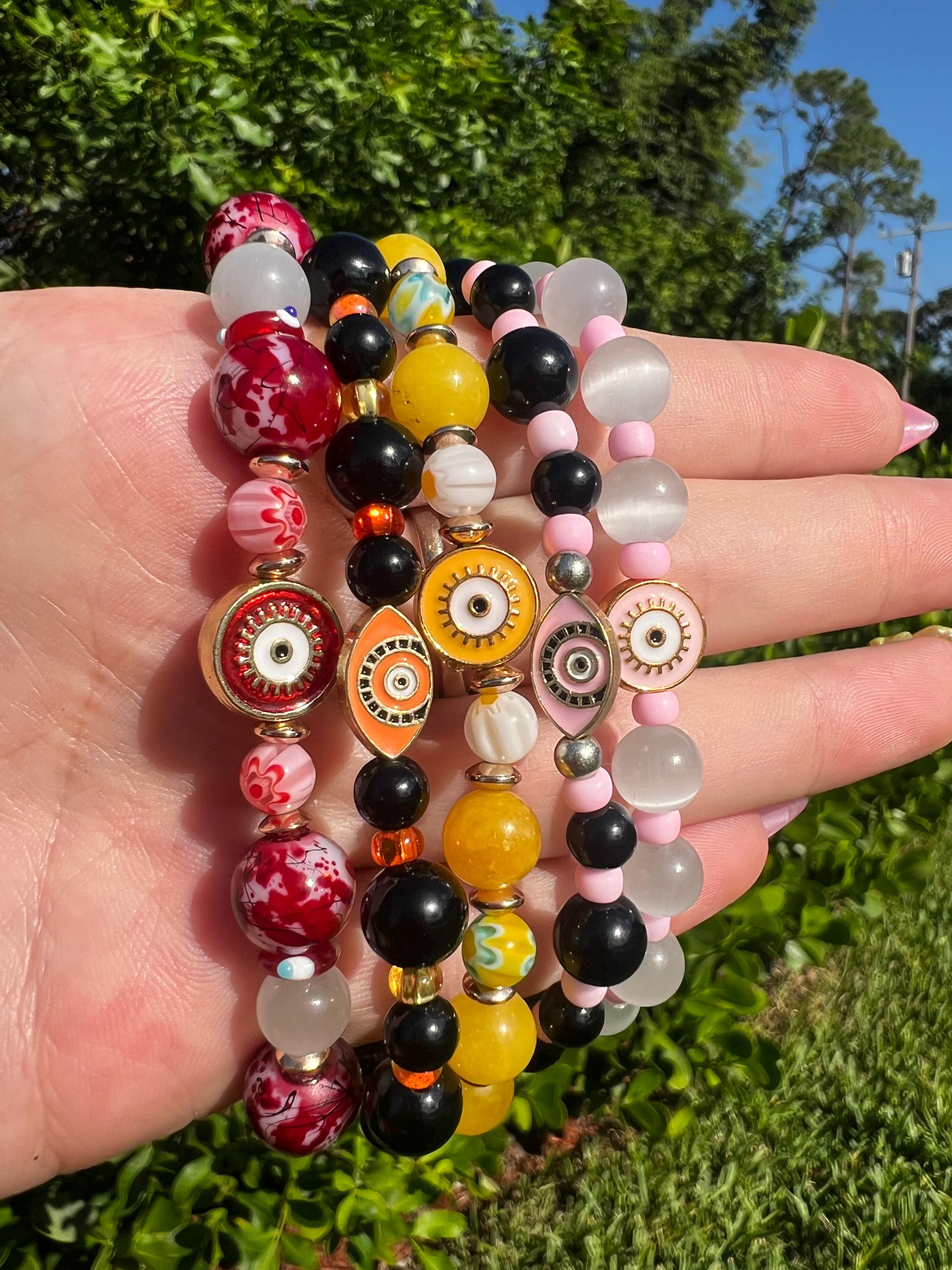 Pink Cat Eye Evil Eye Crystal Bracelet