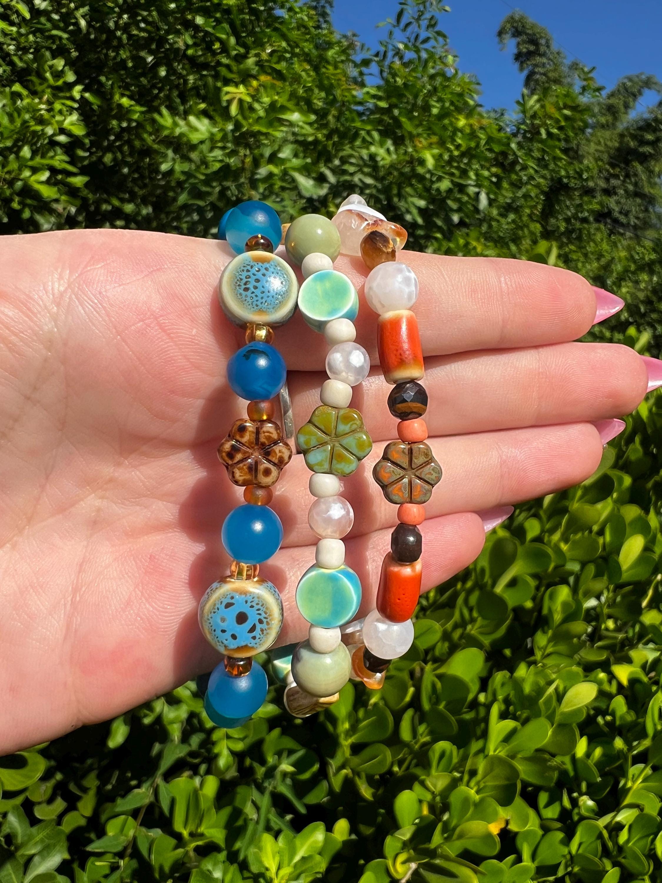 Natural Dragon Skin Agate + Mother Of Pearl Floral Crystal Bracelet