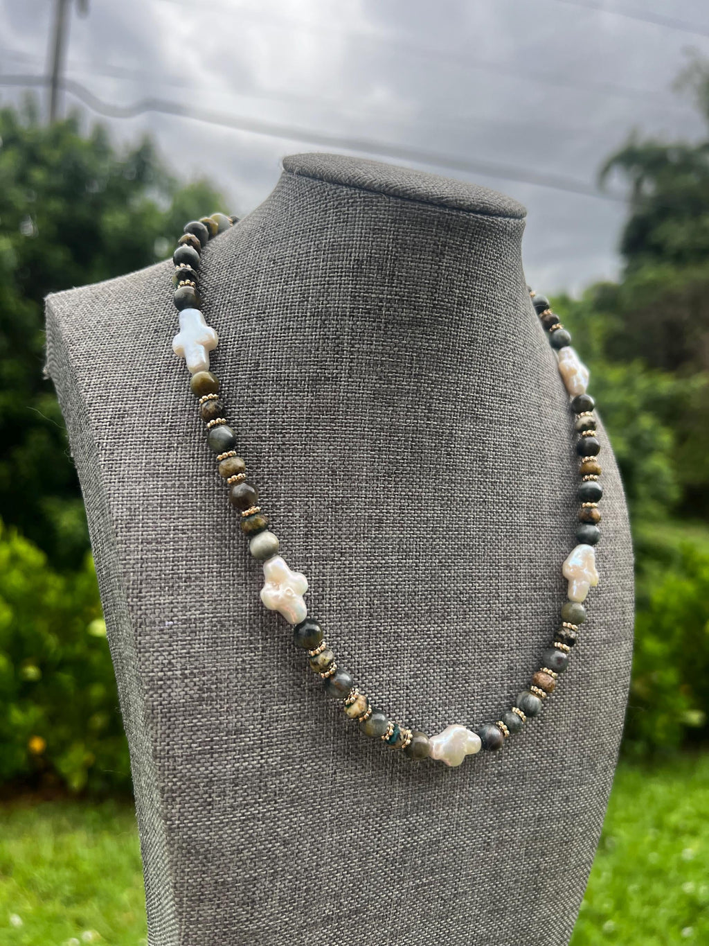Gray Eagle Eye + Yellow Green Chrysocolla Pearl Cross Crystal Necklace