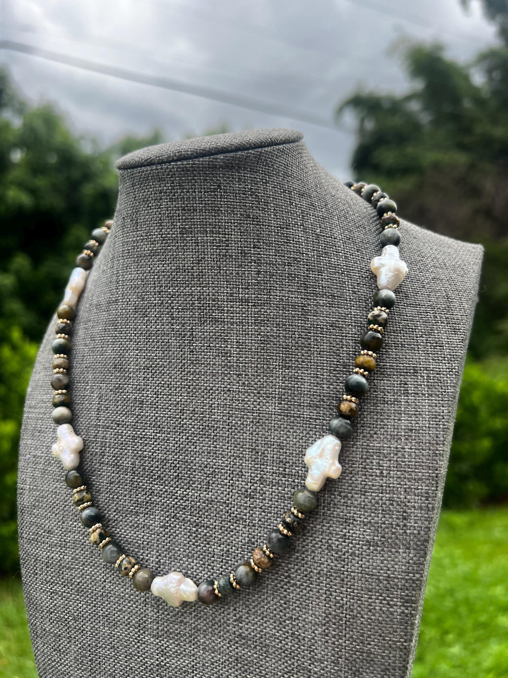 Gray Eagle Eye + Yellow Green Chrysocolla Pearl Cross Crystal Necklace