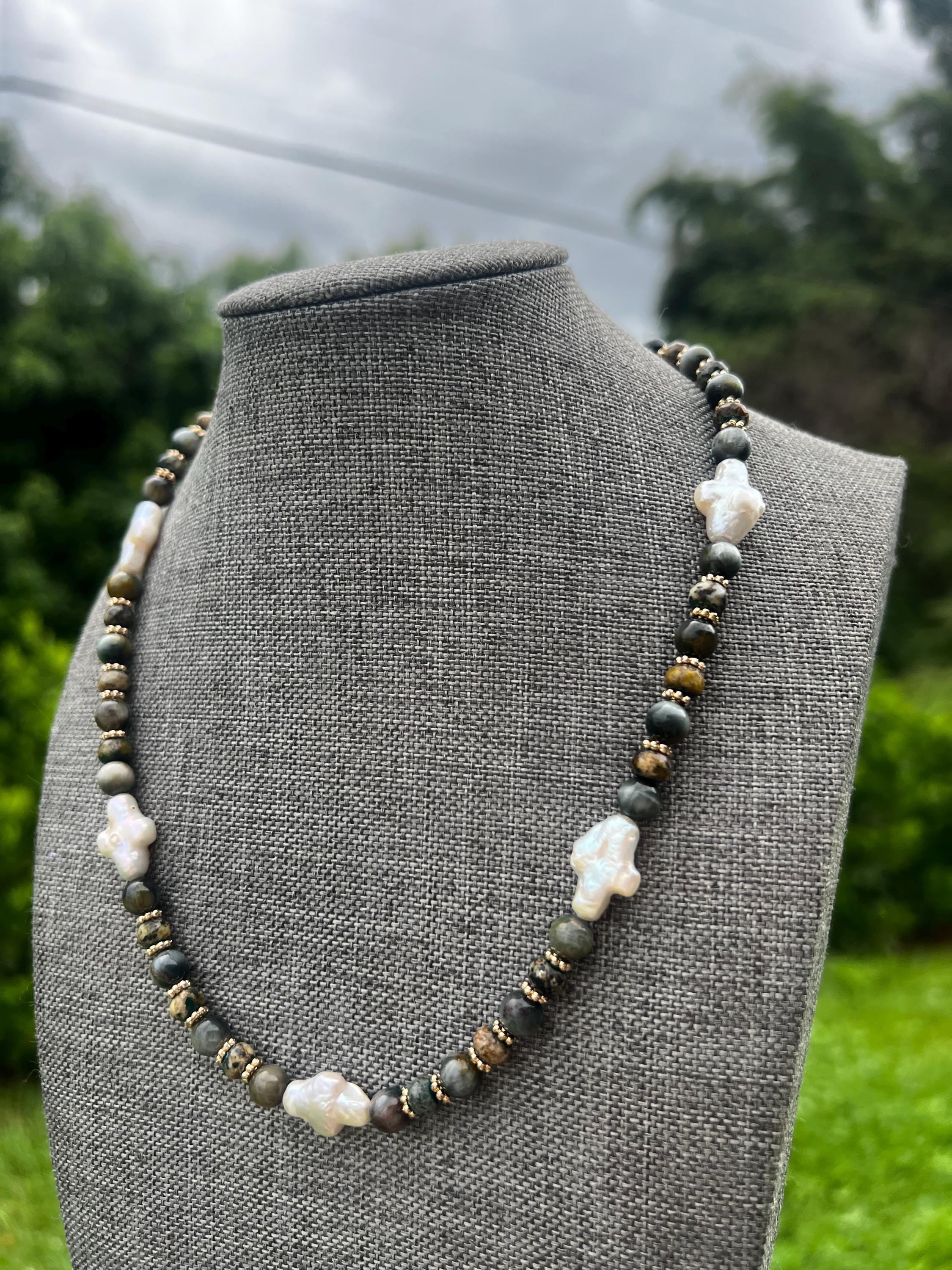 Gray Eagle Eye + Yellow Green Chrysocolla Pearl Cross Crystal Necklace