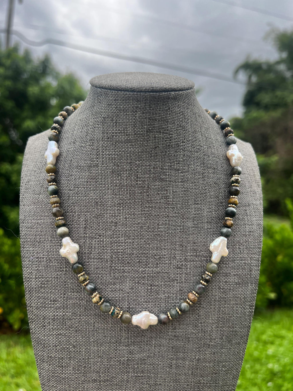 Gray Eagle Eye + Yellow Green Chrysocolla Pearl Cross Crystal Necklace