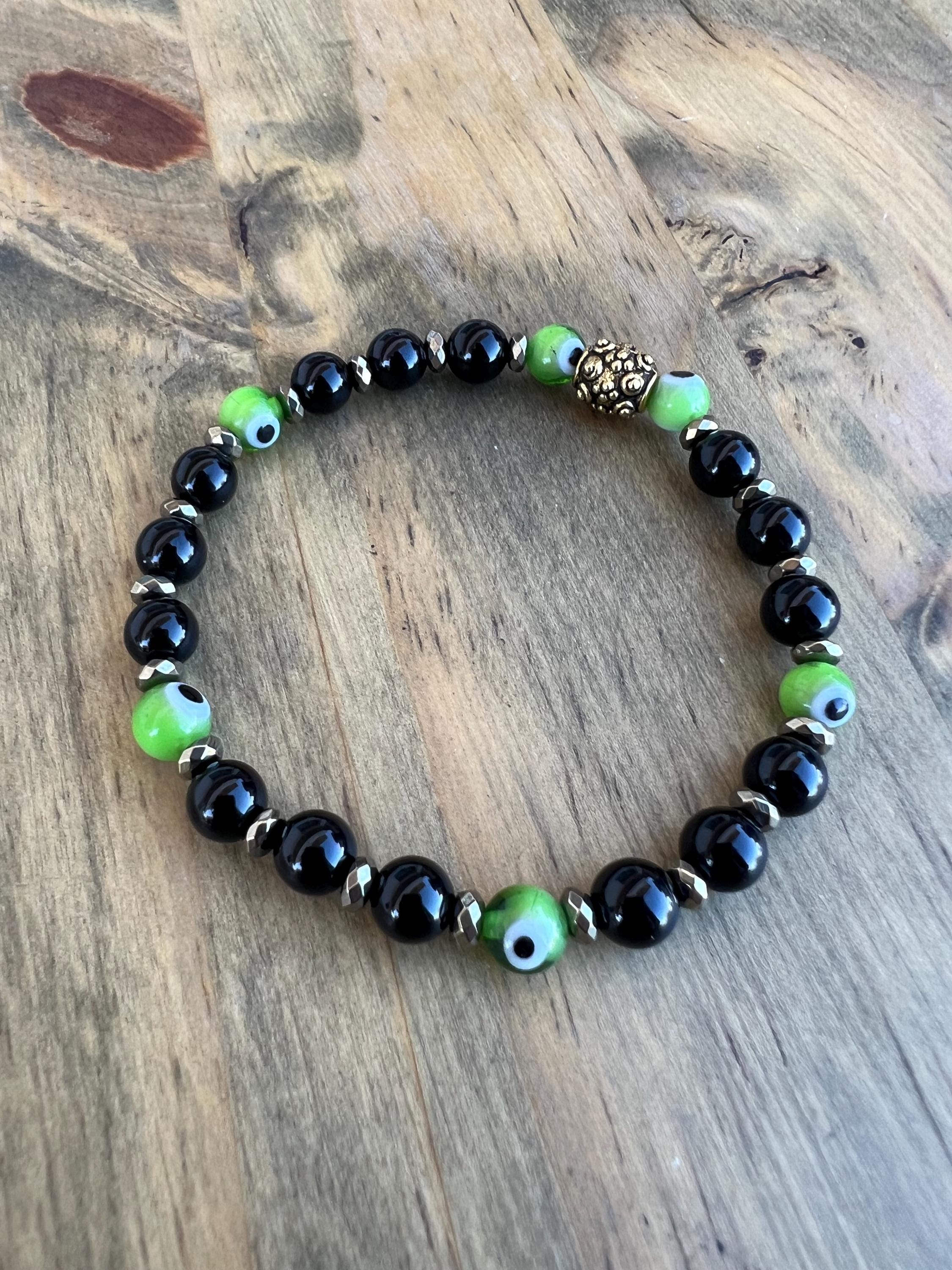 Black Onyx + Green Evil Eye Crystal Bracelet