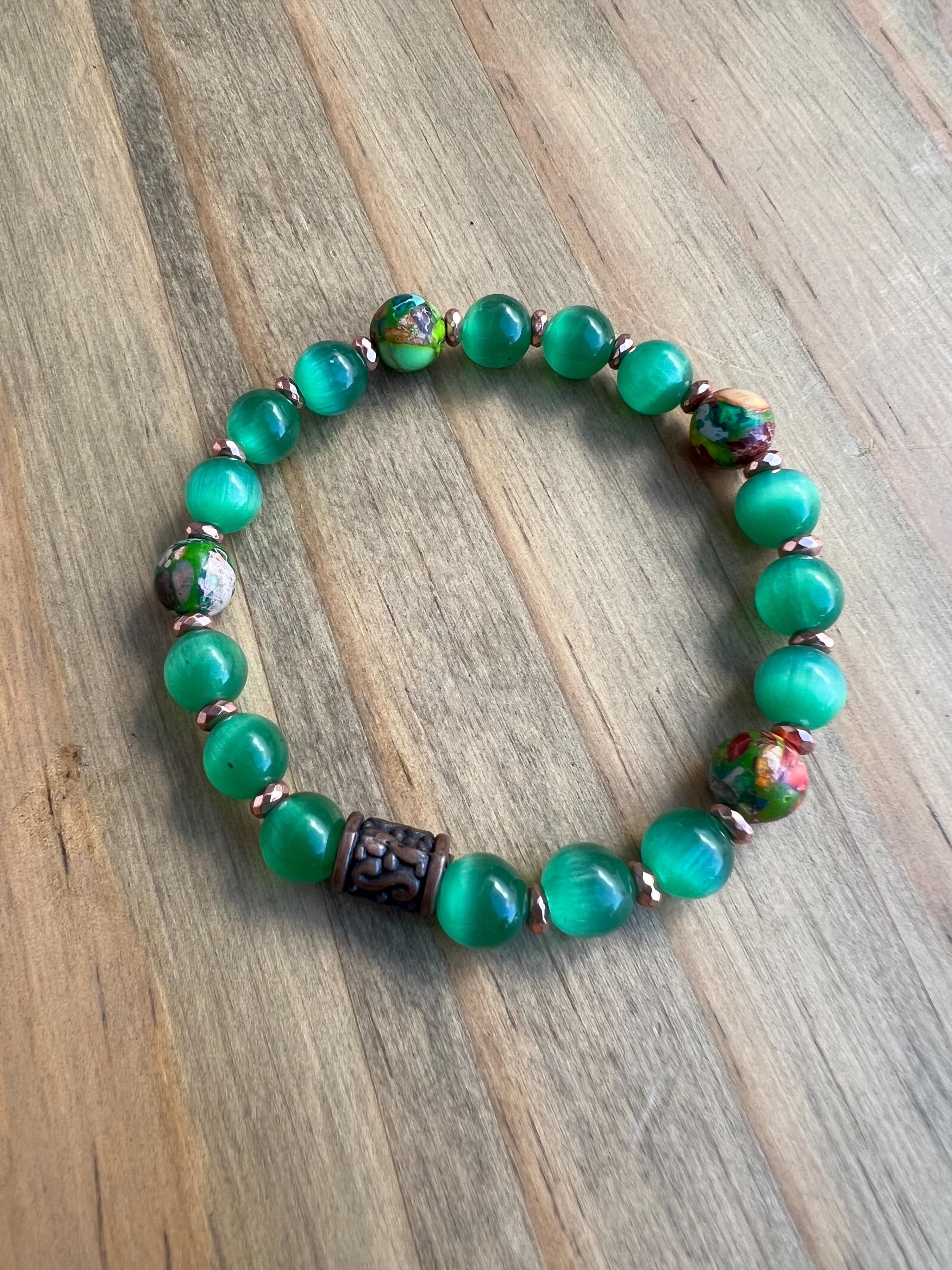Green Cats Eye + Natural Sea Sediment Jasper Crystal Bracelet