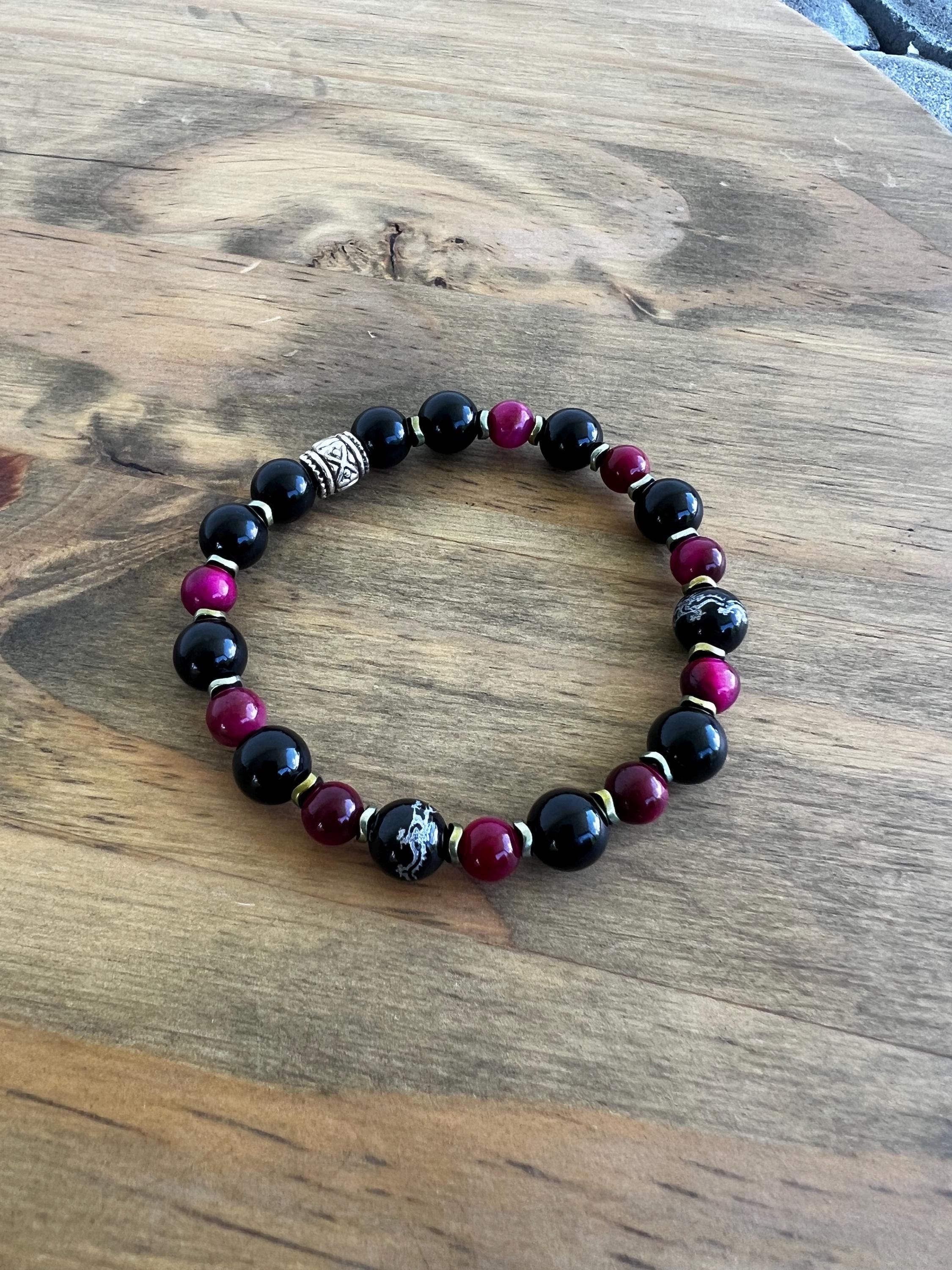 Fuchsia Tigers Eye + Black Onyx Crystal Bracelet