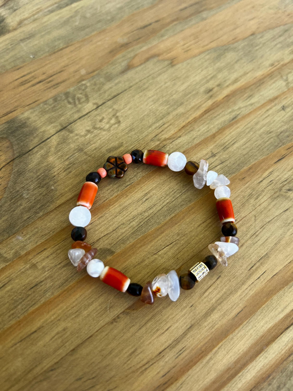 Orange Dyed Agate + Mother Of Pearl Floral Crystal Bracelet