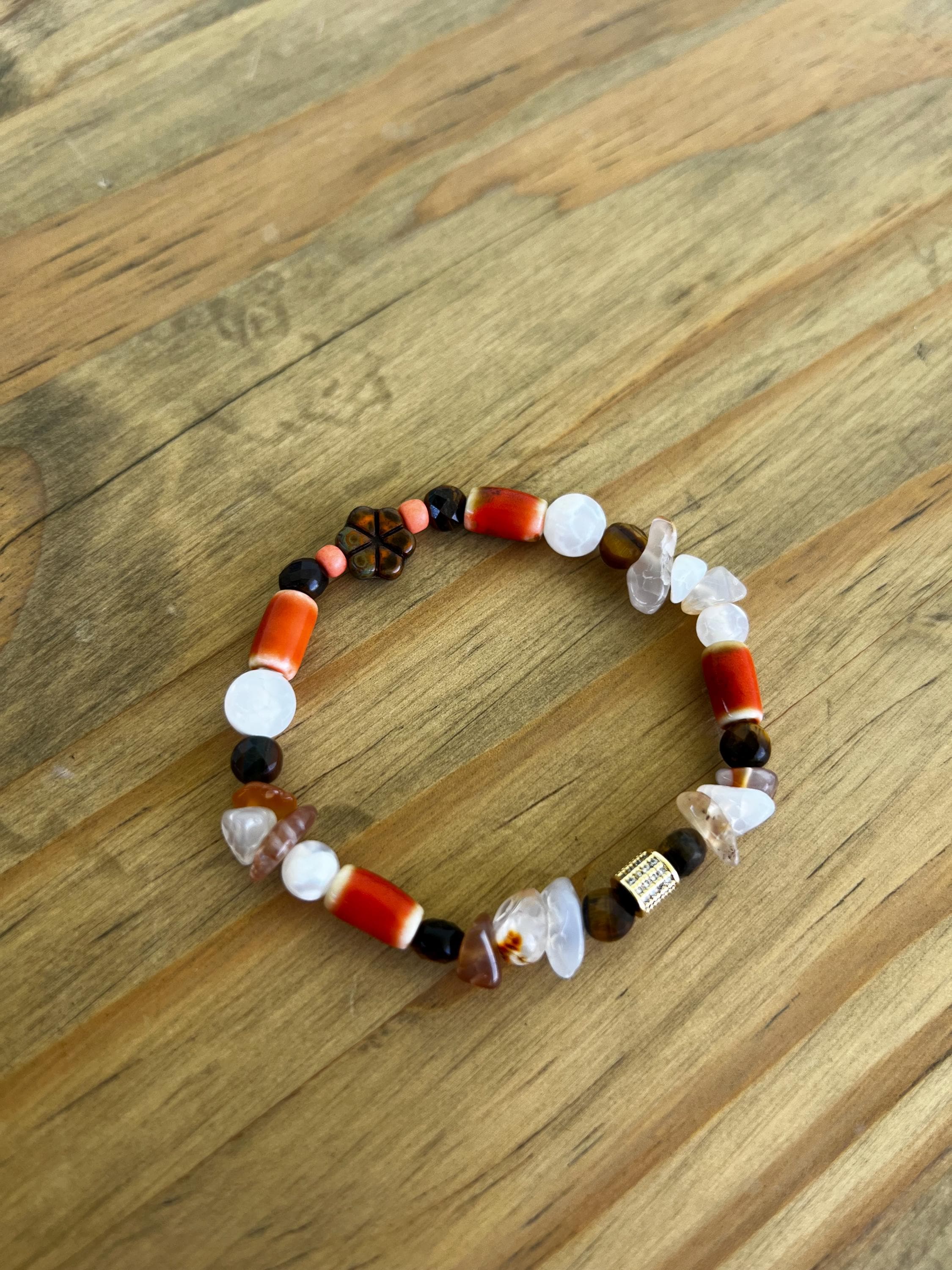 Orange Dyed Agate + Mother Of Pearl Floral Crystal Bracelet
