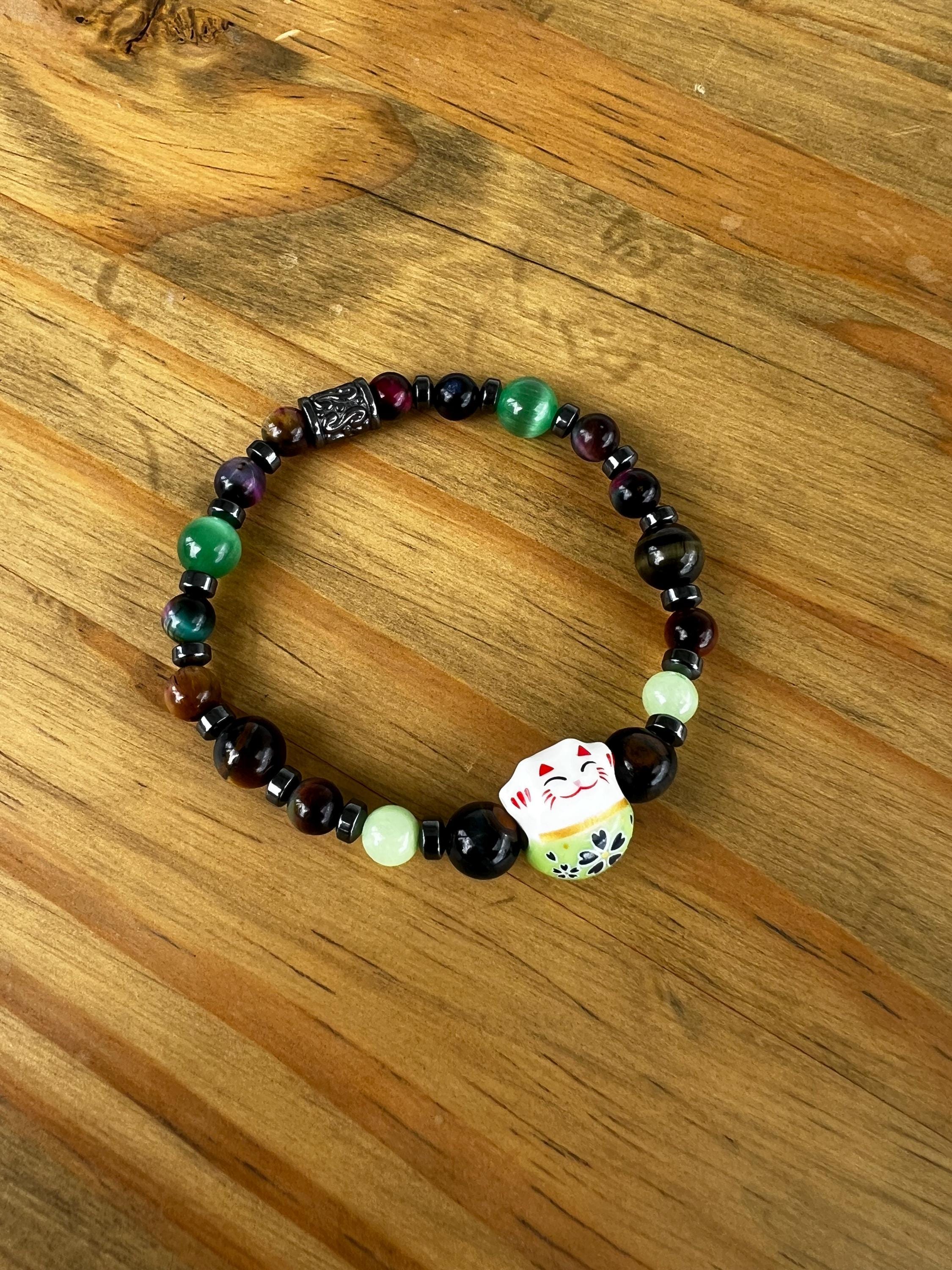 Lucky Cat Galaxy Tigers Eye + Green Cat Eye Crystal Bracelet
