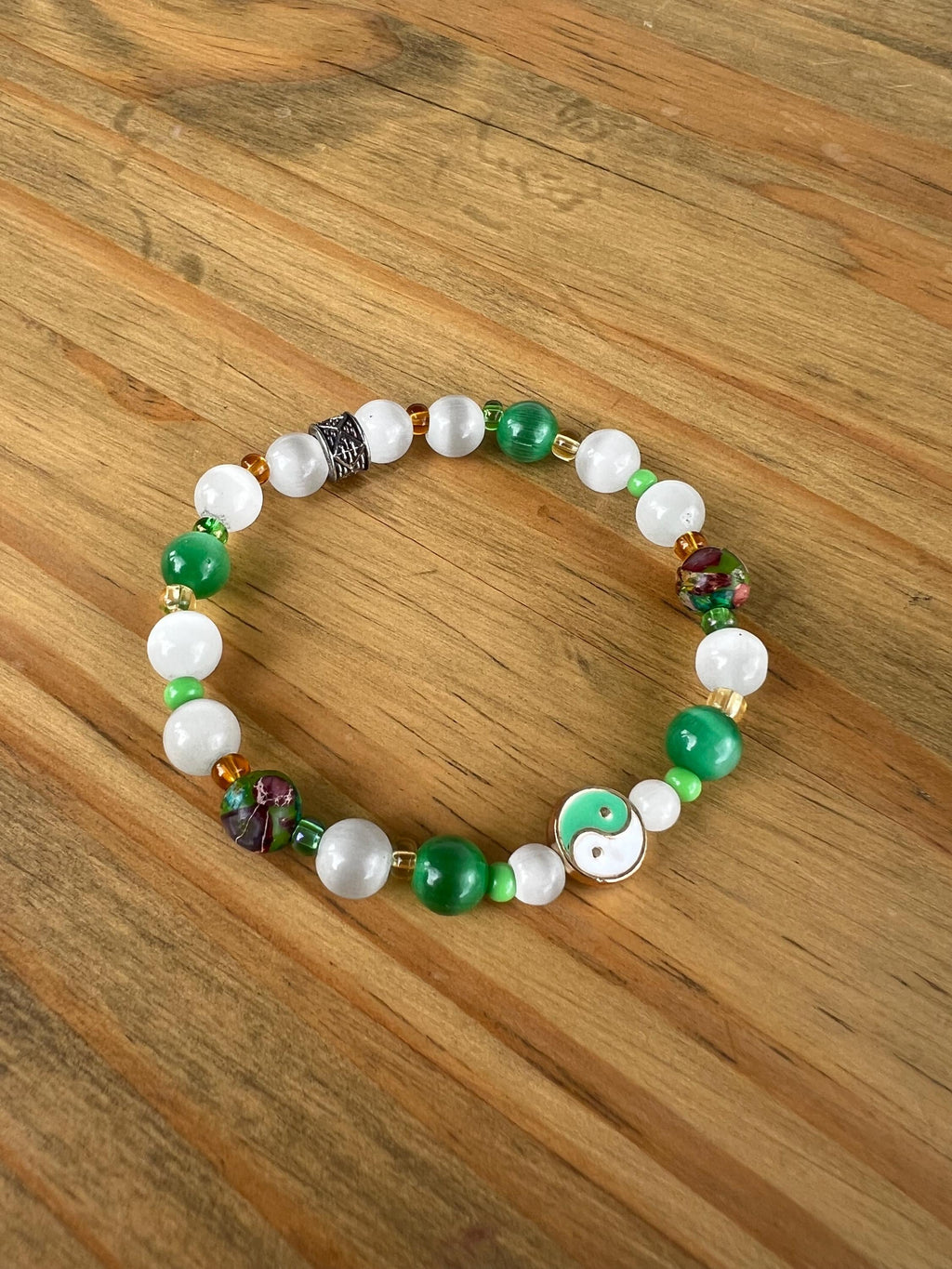 Green Imperial Jasper + Cat Eye Yin Yang Crystal Bracelet