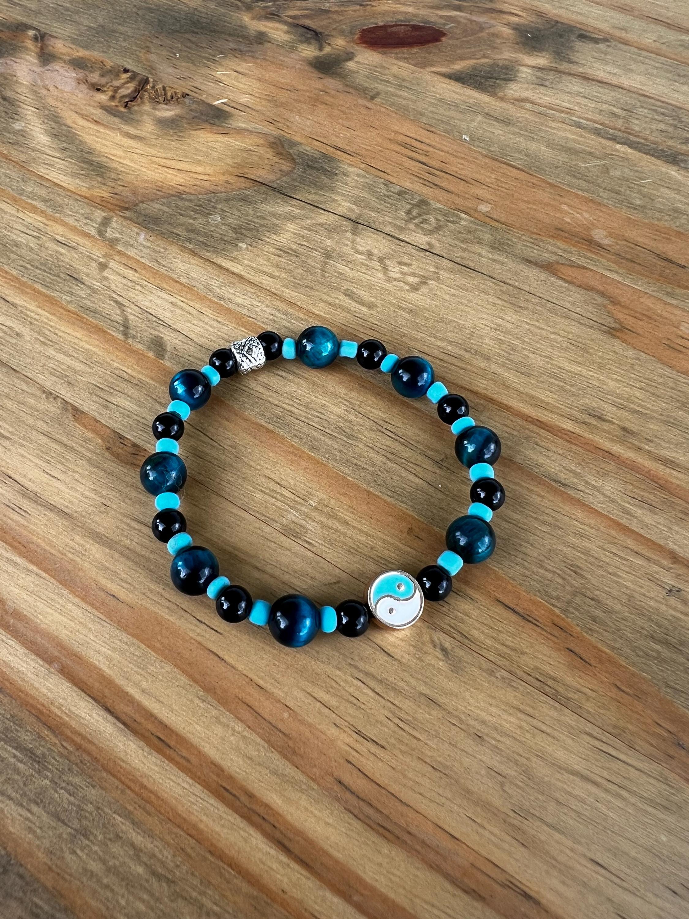 Mystic Blue Tigers Eye + Black Onyx Yin Yang Crystal Bracelet