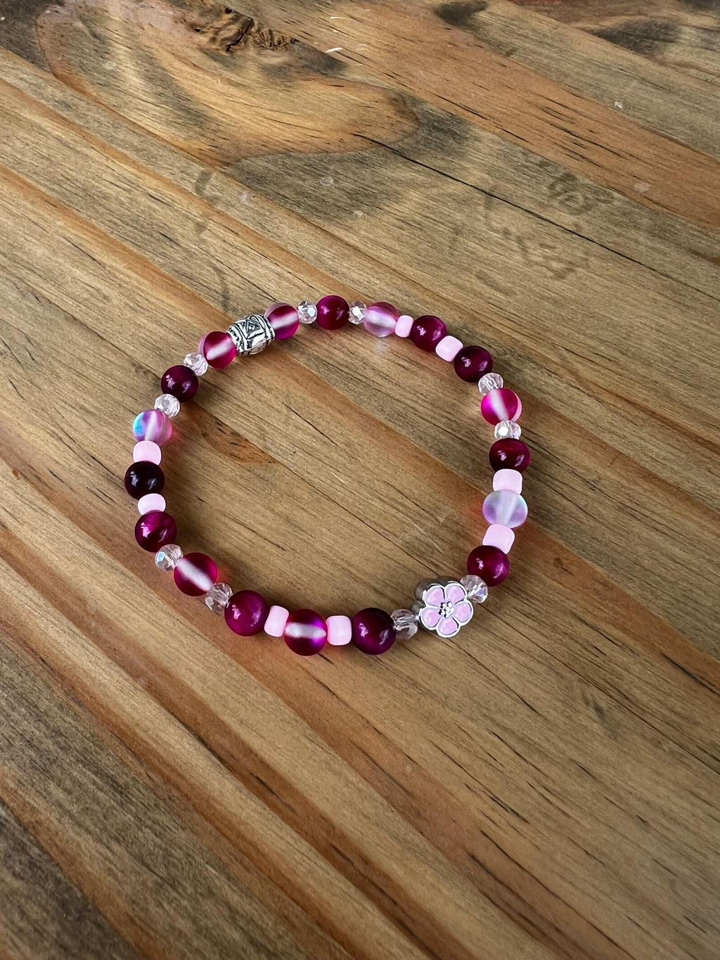 Fuchsia Tigers Eye + Matte Mystic Aqua Quartz Flower Crystal Bracelet