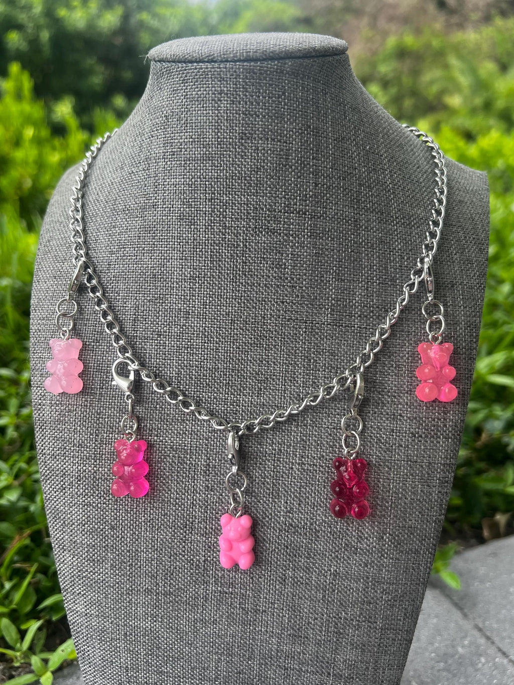 Stainless Steel Pink Gummy Bear Chain Charm Necklace
