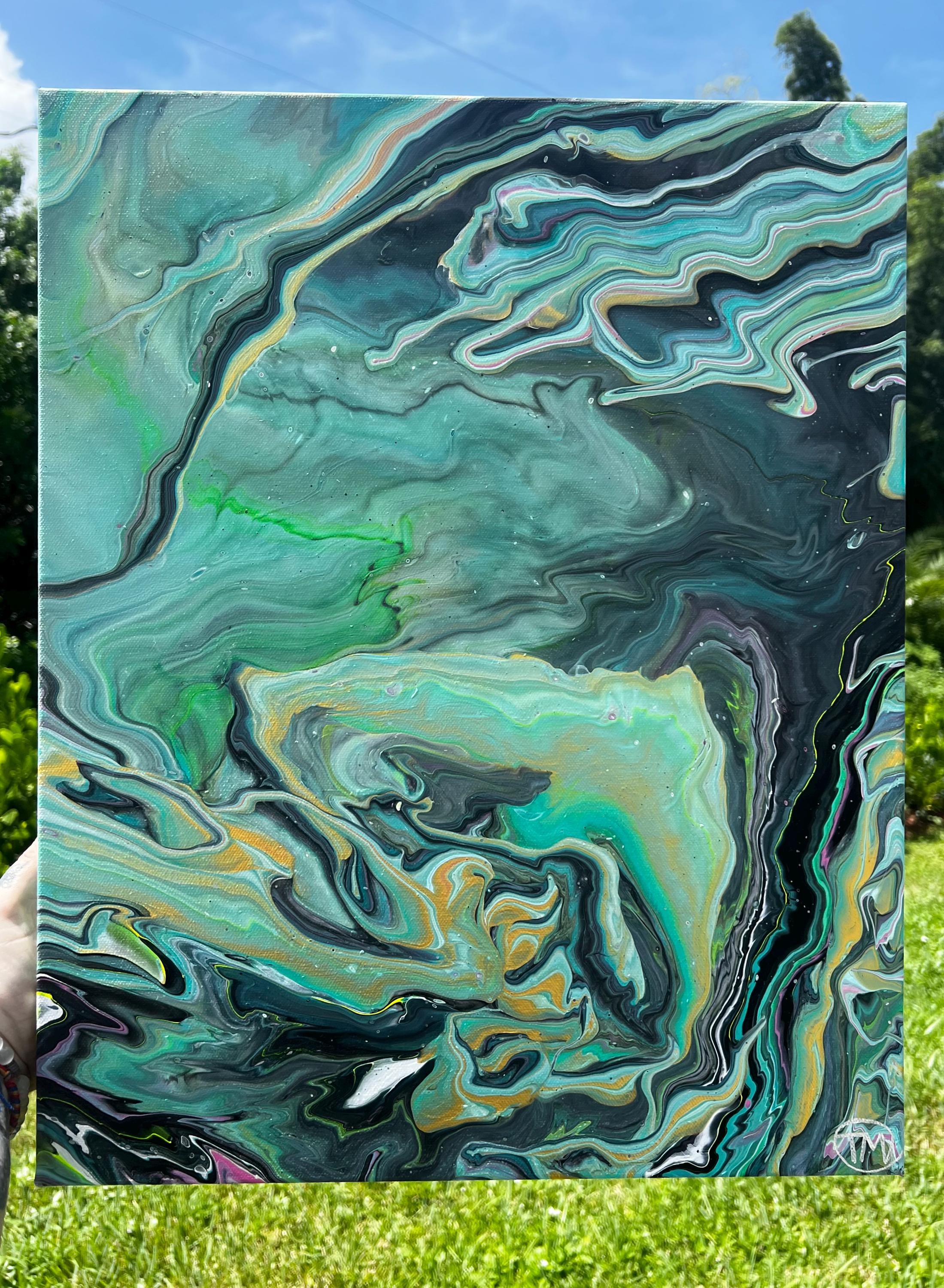Emerald Tides Acrylic Pour Painting