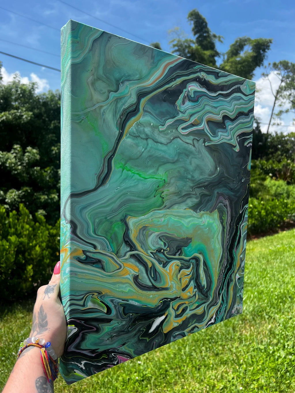 Emerald Tides Acrylic Pour Painting