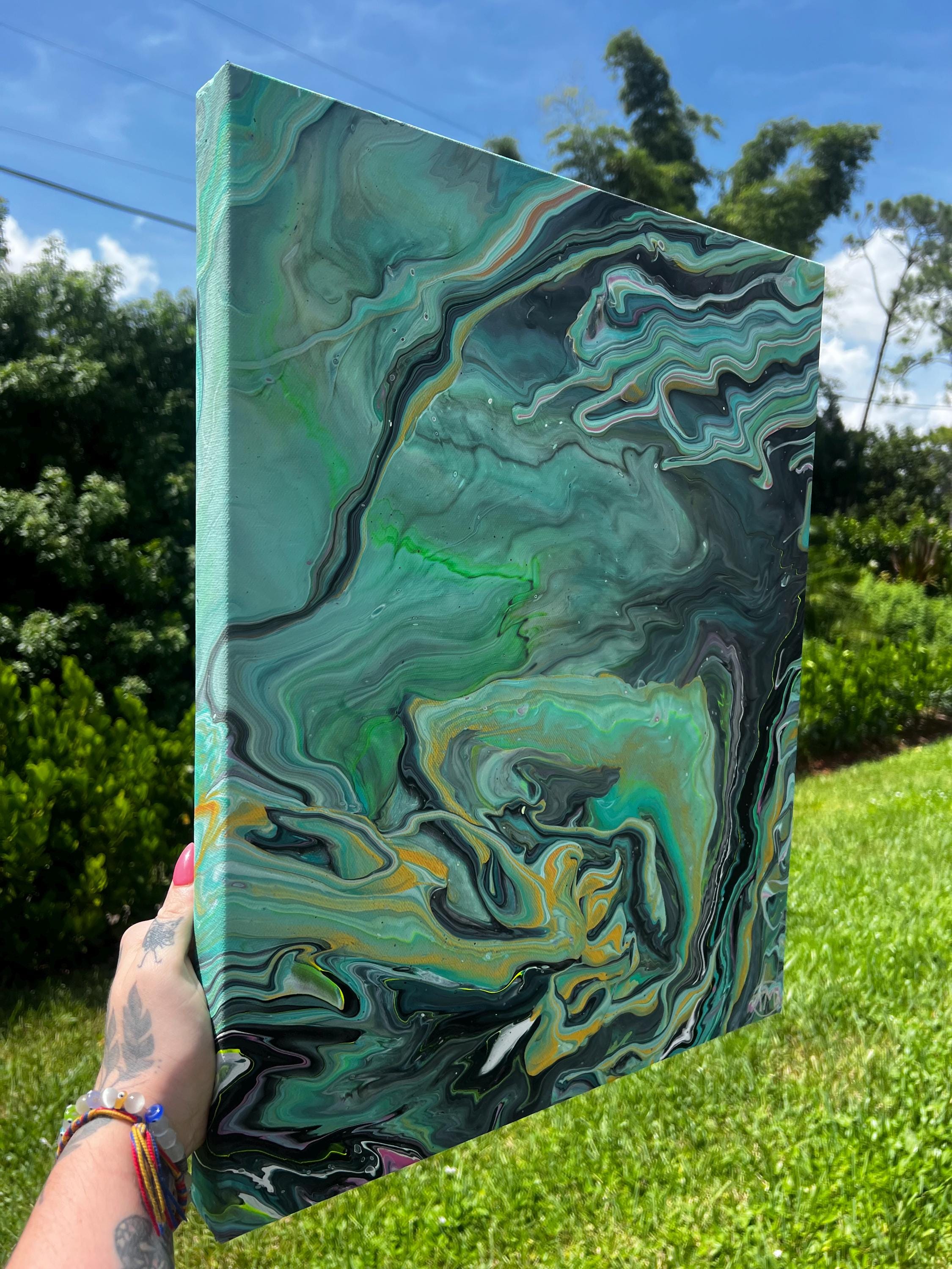 Emerald Tides Acrylic Pour Painting