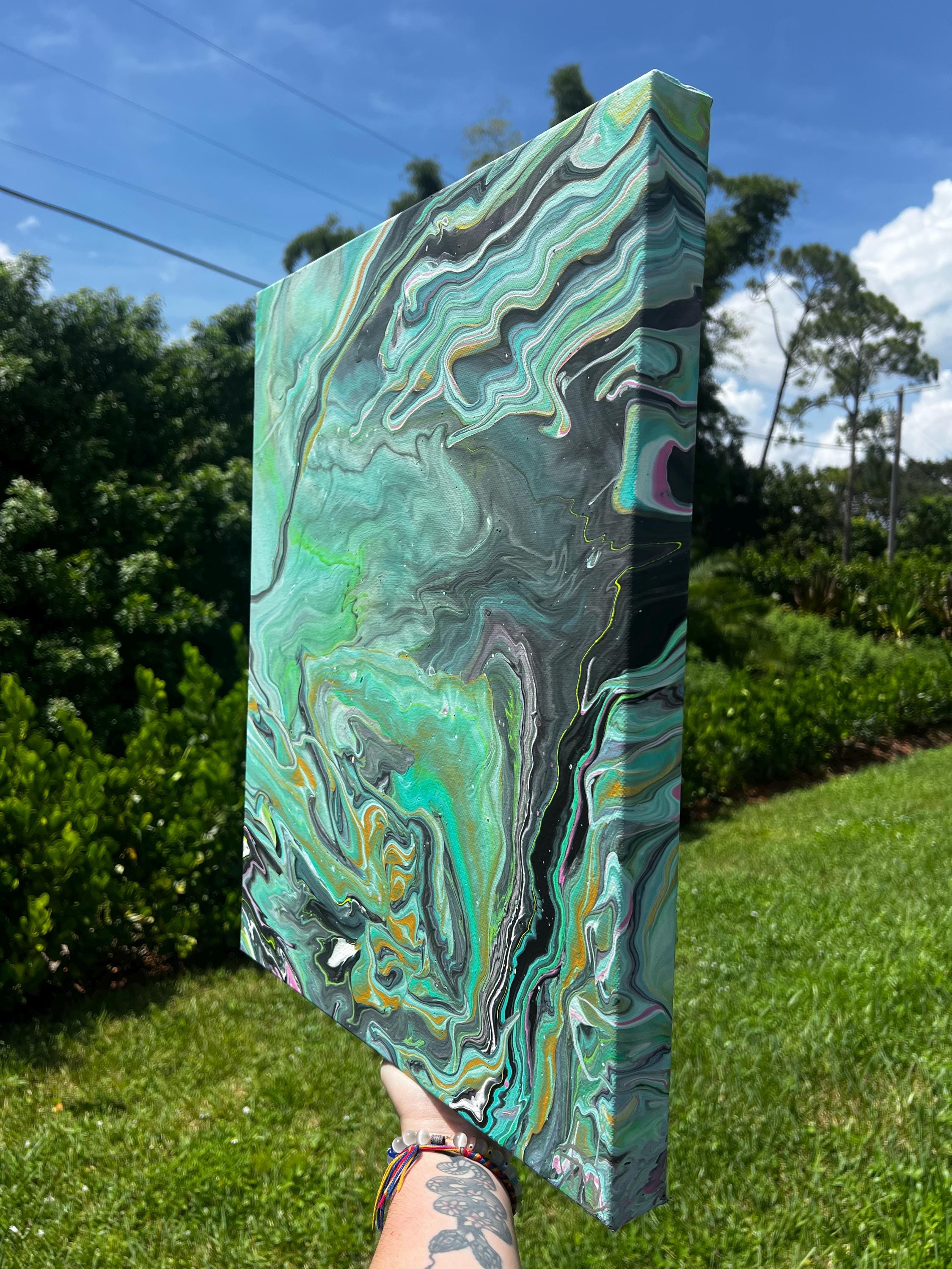 Emerald Tides Acrylic Pour Painting