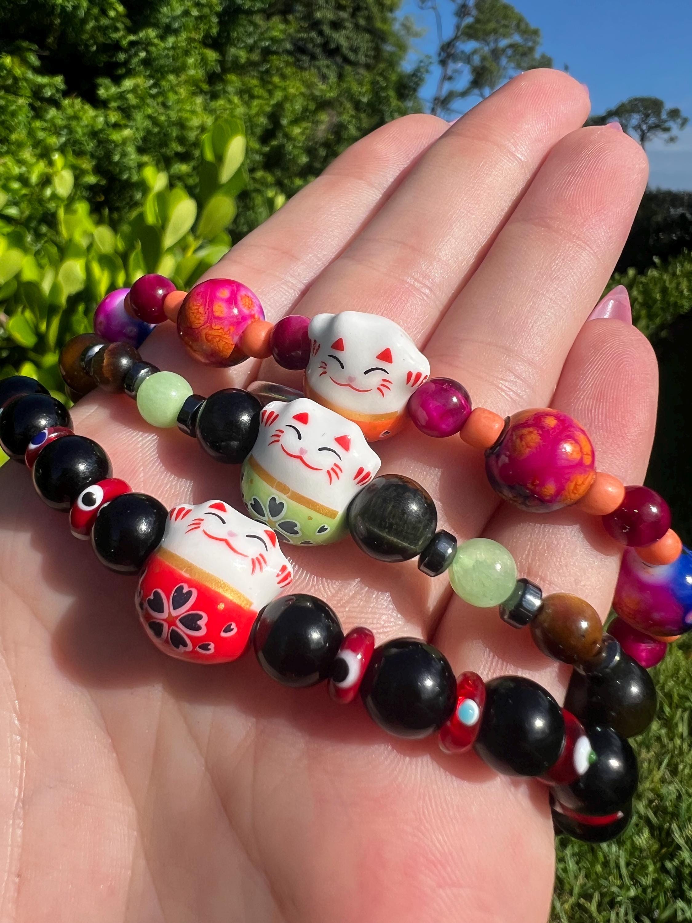 Black Onyx + Red Lucky Cat Evil Eye Bracelet