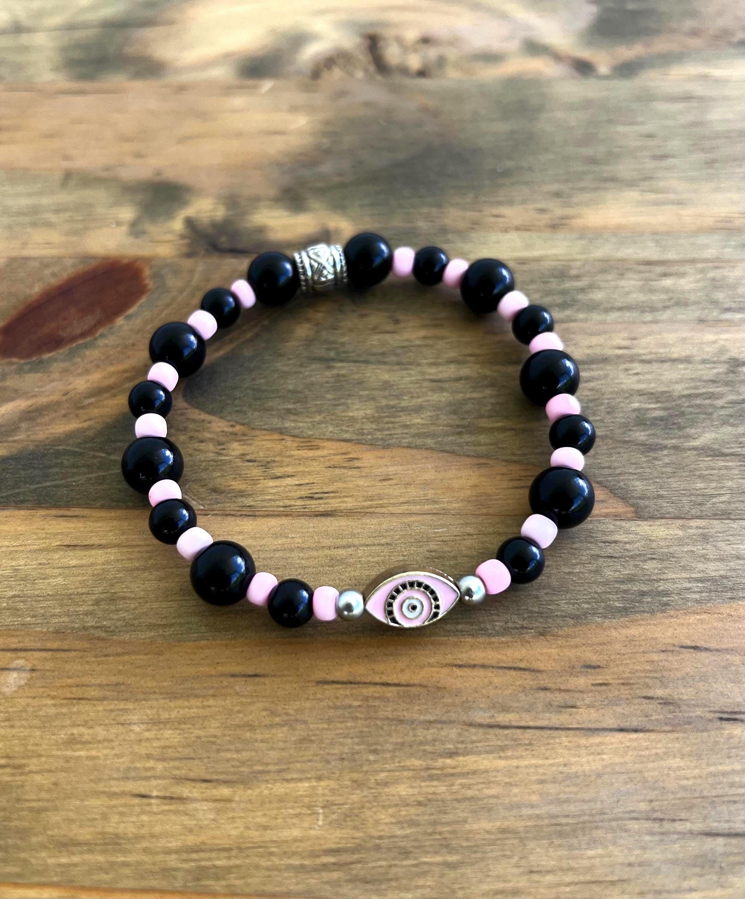 Black Onyx + Pink Evil Eye Crystal Bracelet