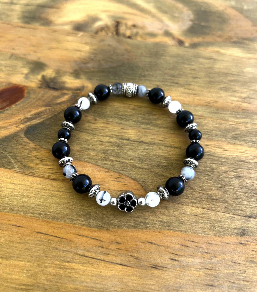 Tourmalated Quartz + Black Onyx Flower Crystal Bracelet