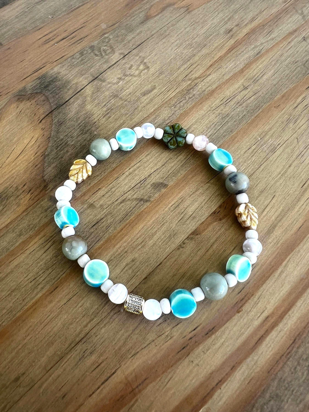 Natural Dragon Skin Agate + Mother Of Pearl Floral Crystal Bracelet