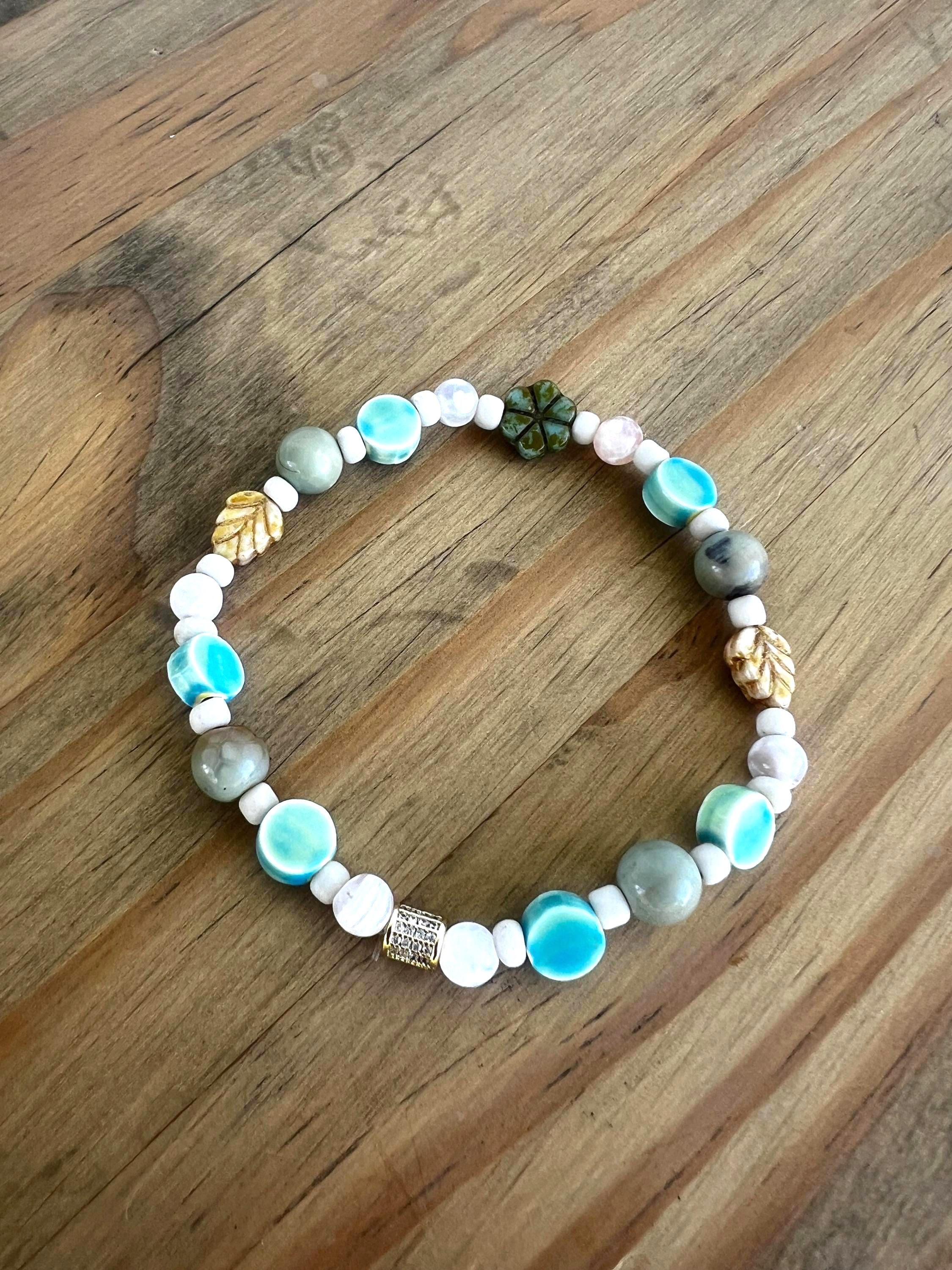 Natural Dragon Skin Agate + Mother Of Pearl Floral Crystal Bracelet